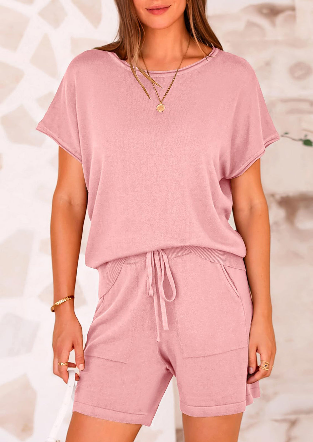 Osonn Two Piece Set for Women Summer Lounge Sets Shorts And Short Sleeve Tops Knitted Matching Travel Spring Outfits
