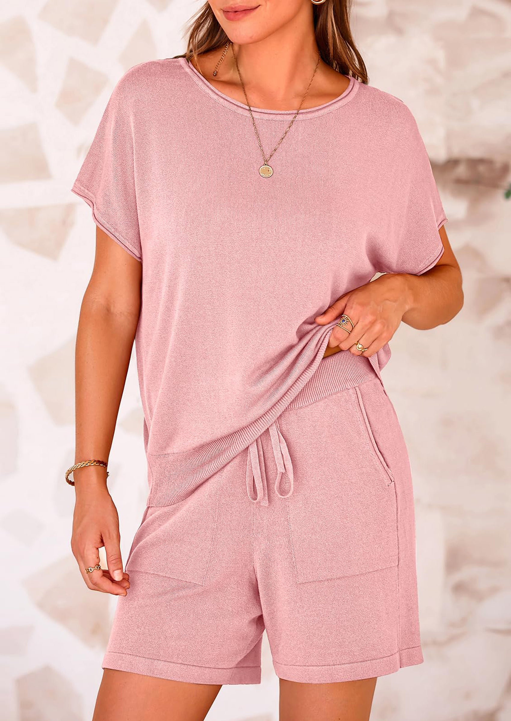 Osonn Two Piece Set for Women Summer Lounge Sets Shorts And Short Sleeve Tops Knitted Matching Travel Spring Outfits