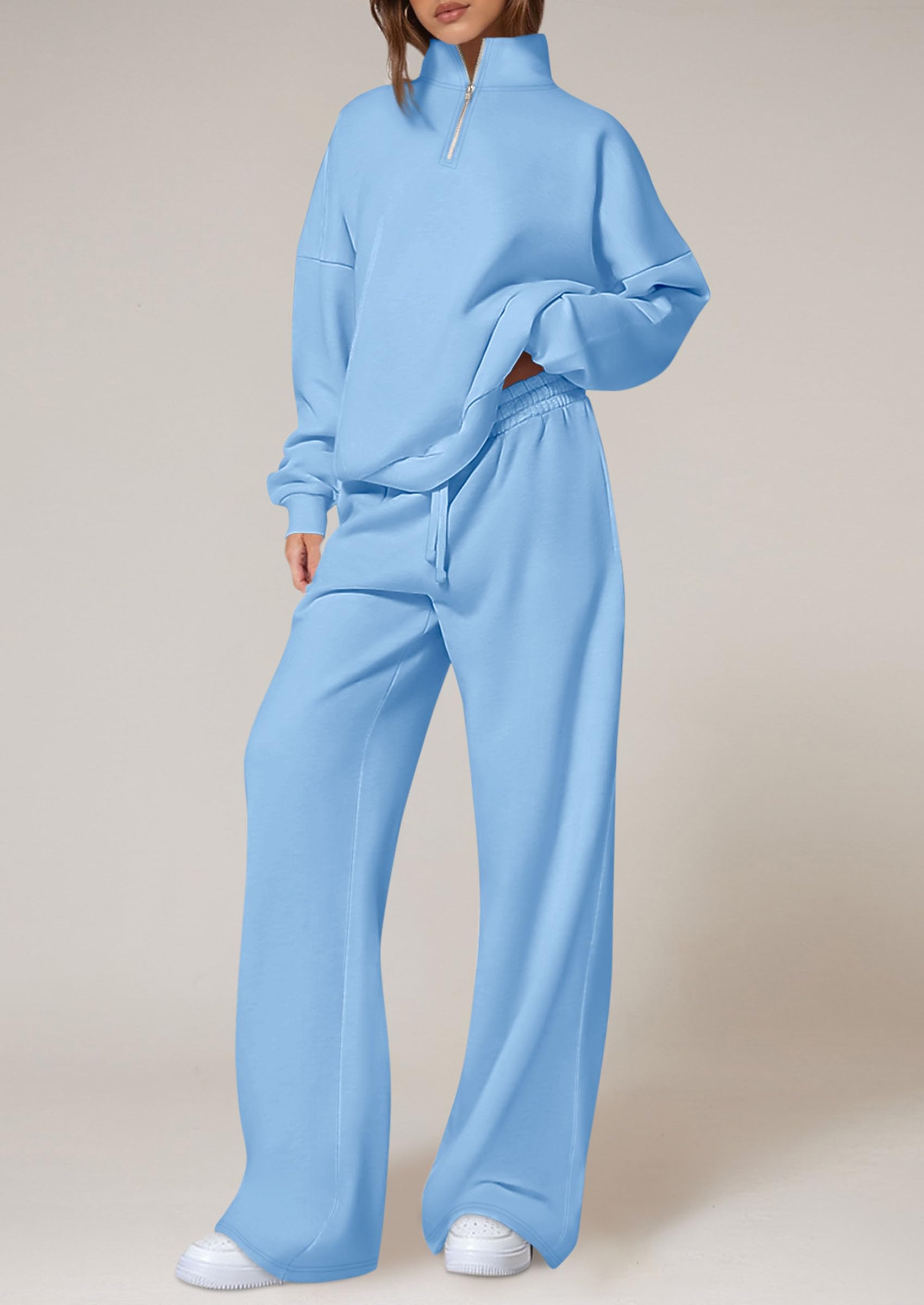 Osonn Womens Casual Two Piece Sets Fall Outfits Quarter Zip Sweatshirts Straight Leg Pants Sweatsuits Tracksuit