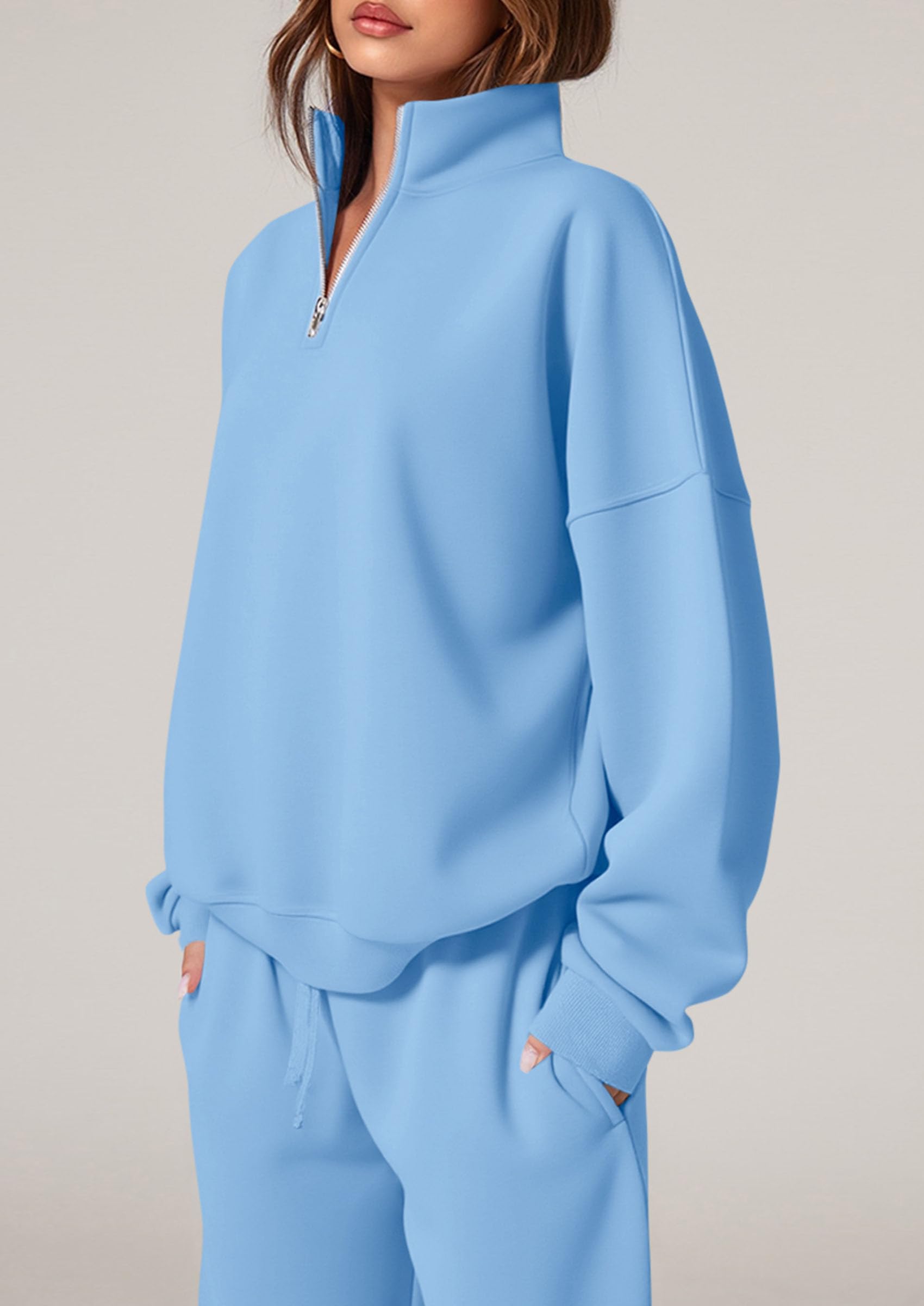 Osonn Womens Casual Two Piece Sets Fall Outfits Quarter Zip Sweatshirts Straight Leg Pants Sweatsuits Tracksuit