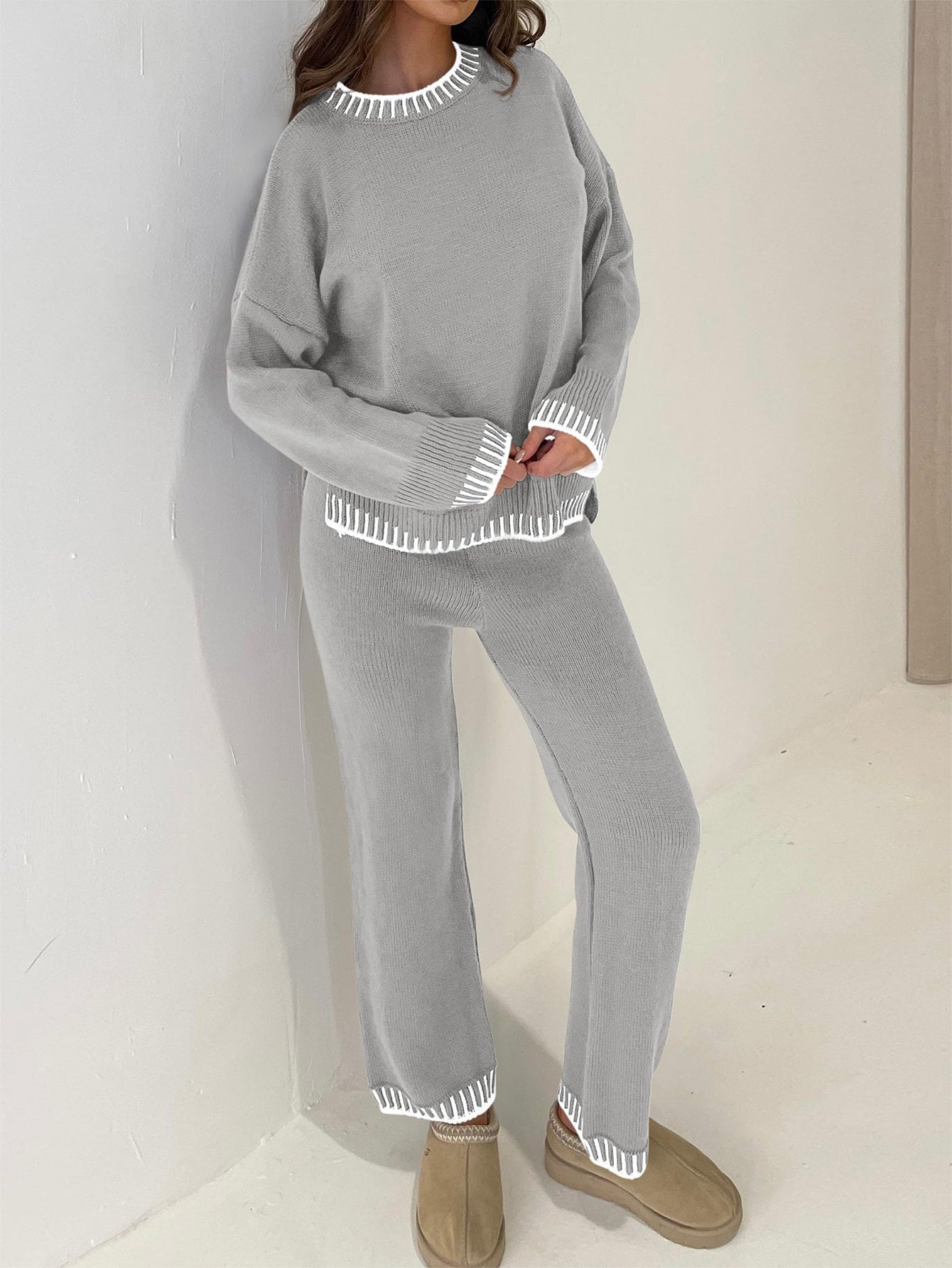 Osonn Women's 2 Piece Knit Sweater Outfit Casual Long Sleeve Pullover Wide Leg Pants Tracksuit Loungewear Set