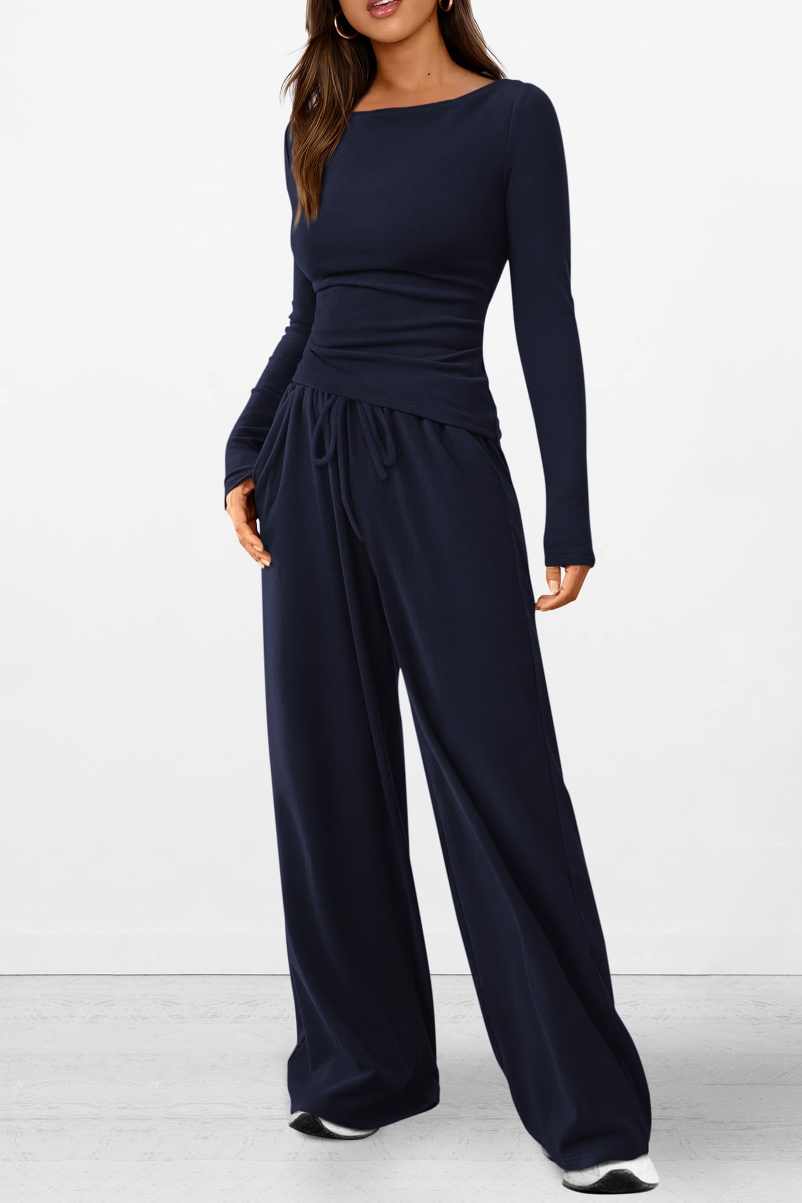 Osonn Women's 2 Piece Lounge Sets Asymmetrical Long Sleeve T Shirt Wide Leg Pants Casual Outfits Tracksuit