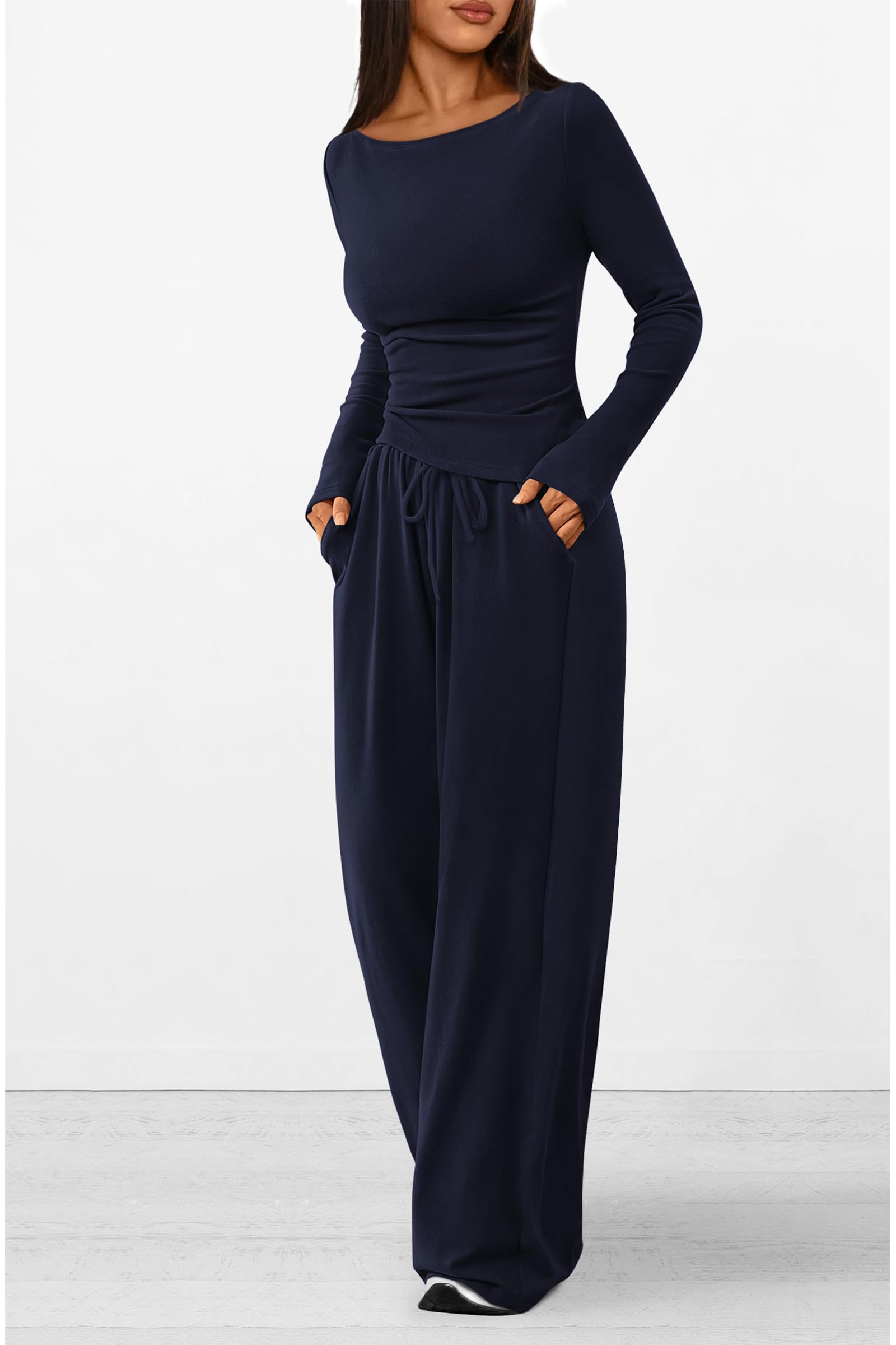 Osonn Women's 2 Piece Lounge Sets Asymmetrical Long Sleeve T Shirt Wide Leg Pants Casual Outfits Tracksuit