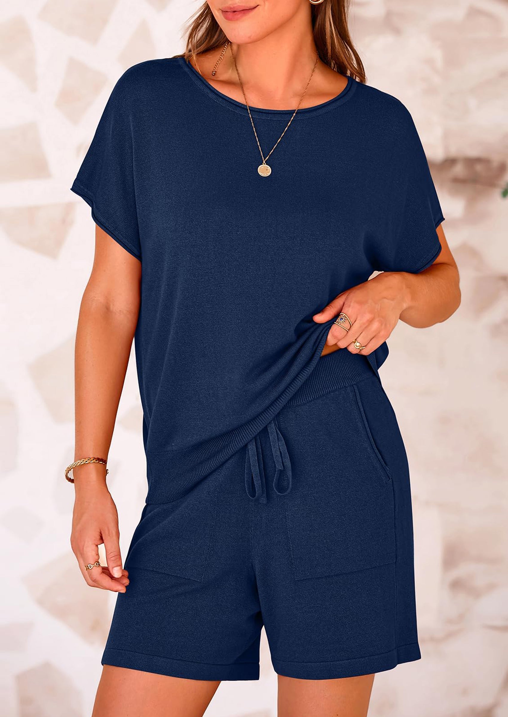Osonn Two Piece Set for Women Summer Lounge Sets Shorts And Short Sleeve Tops Knitted Matching Travel Spring Outfits