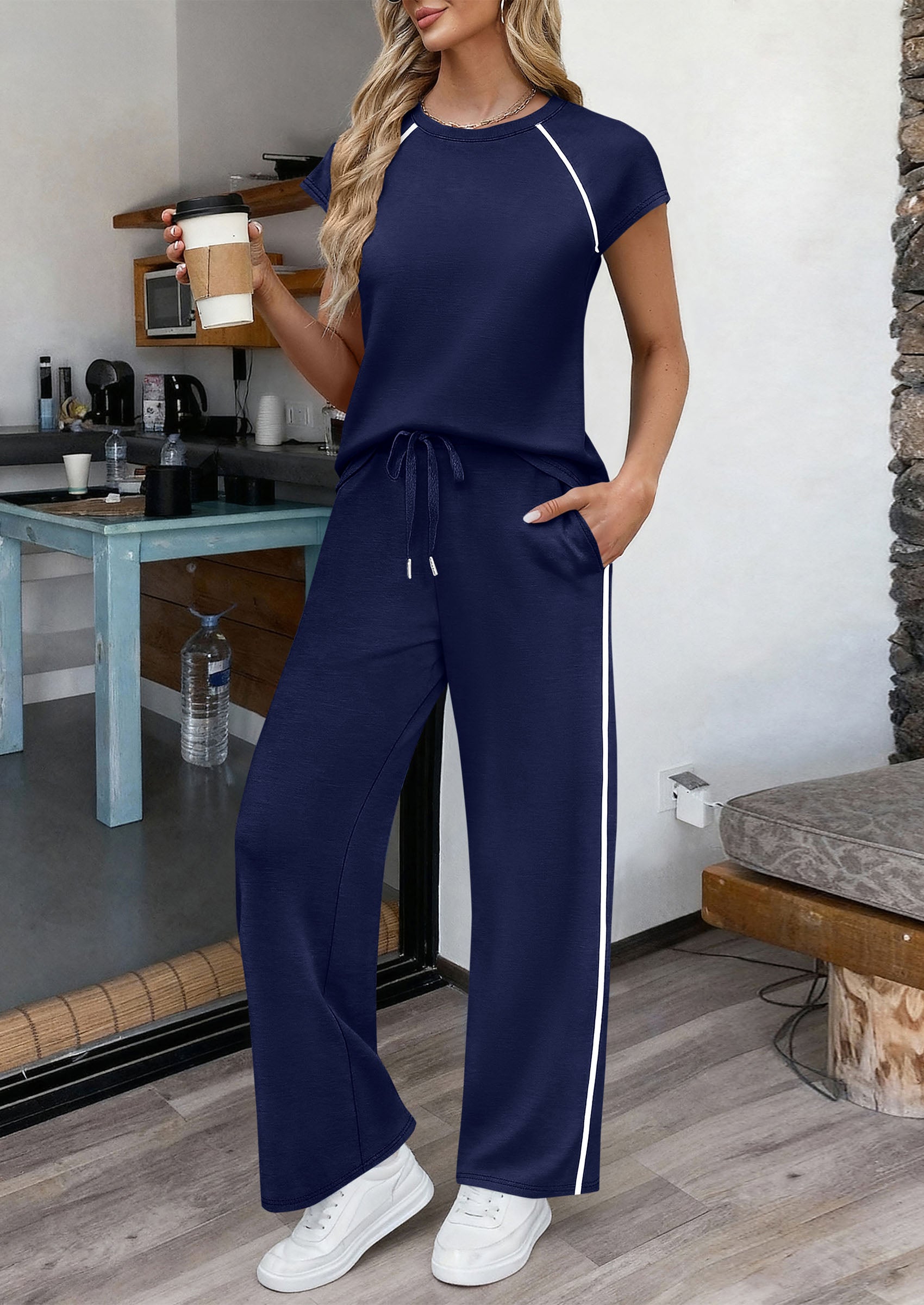 Osonn Women's 2 Piece Lounge Sets Summer Cap Sleeve Tops Wide Leg Pants Travel Outfits Matching Fashion Clothing