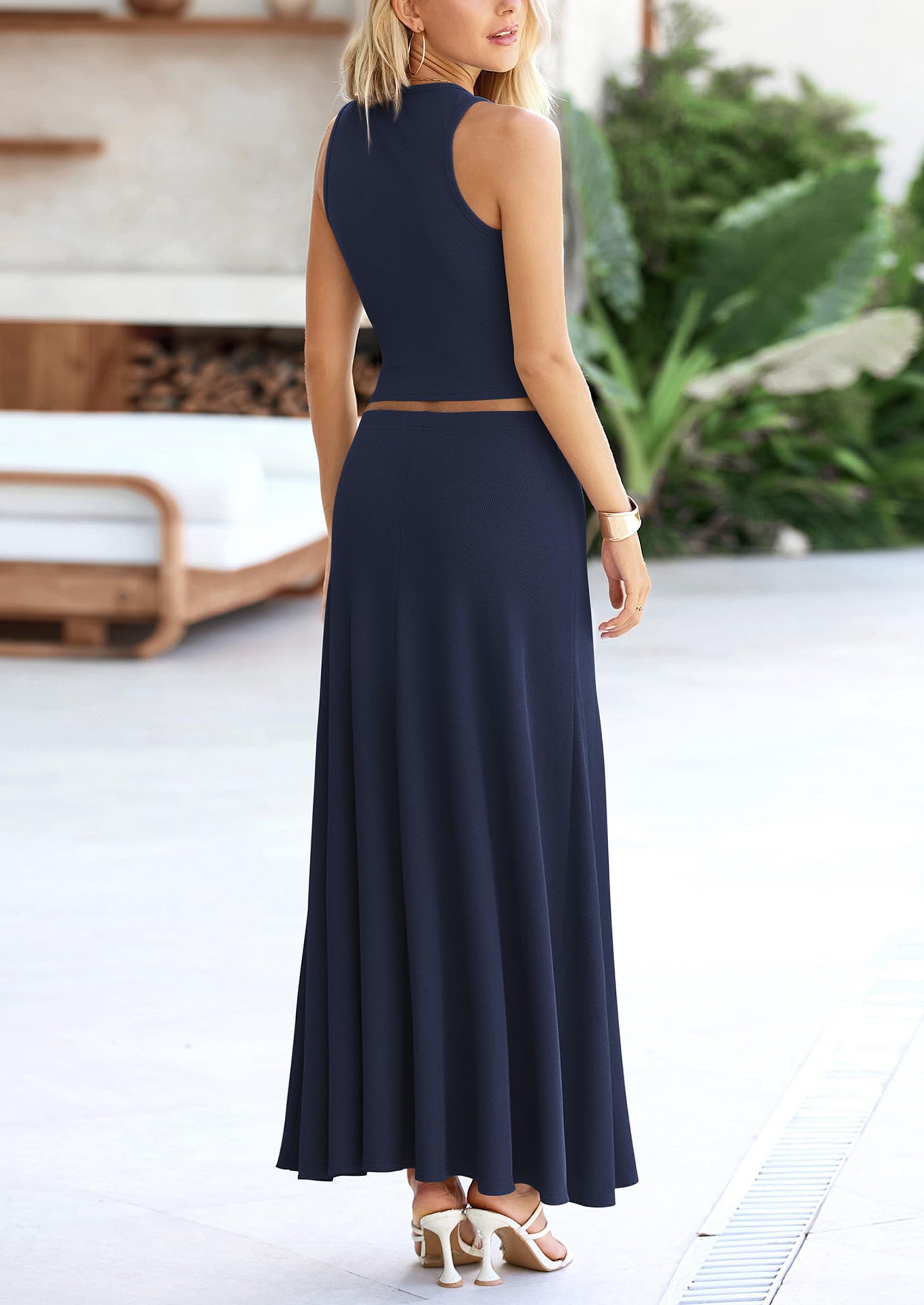 Osonn 2 Piece Maxi Skirt Sets Casual Knit Cropped Tank Top High Waisted Long Skirts Outfit