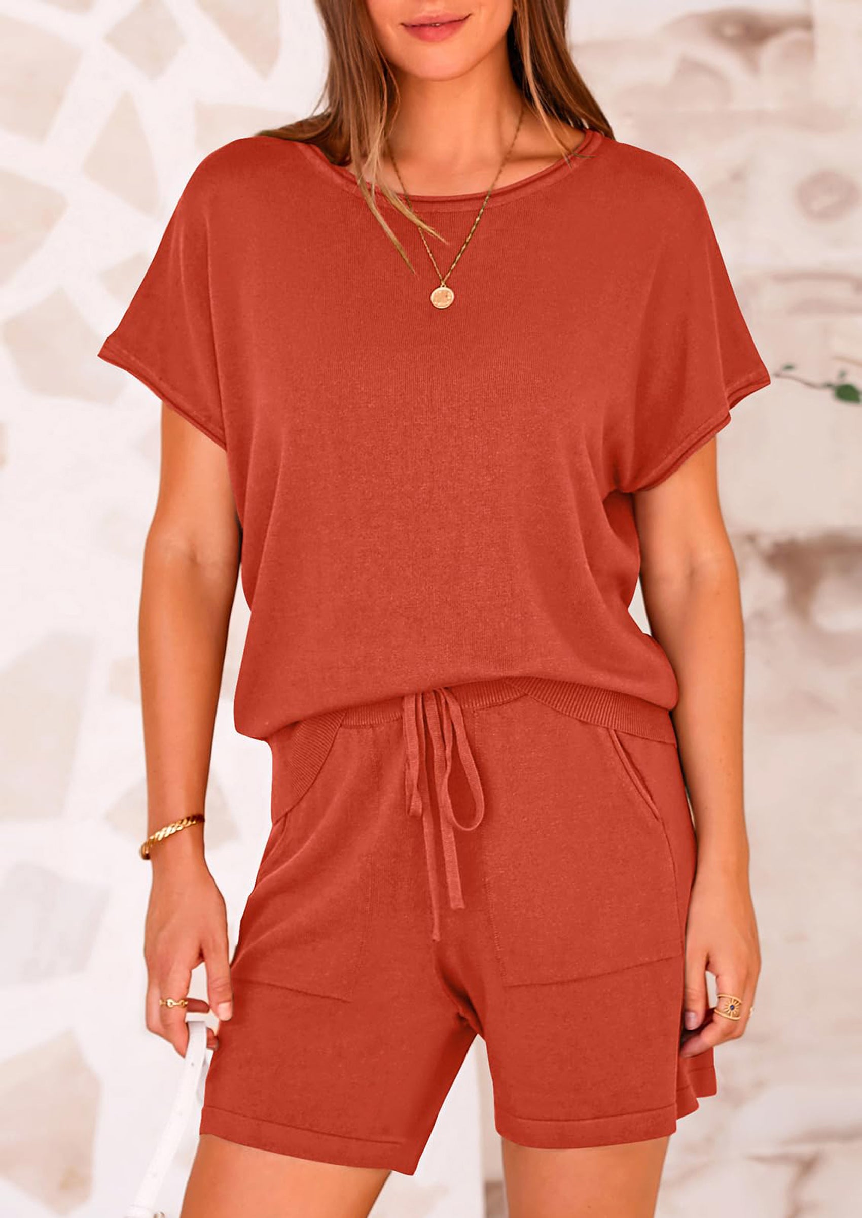 Osonn Two Piece Set for Women Summer Lounge Sets Shorts And Short Sleeve Tops Knitted Matching Travel Spring Outfits