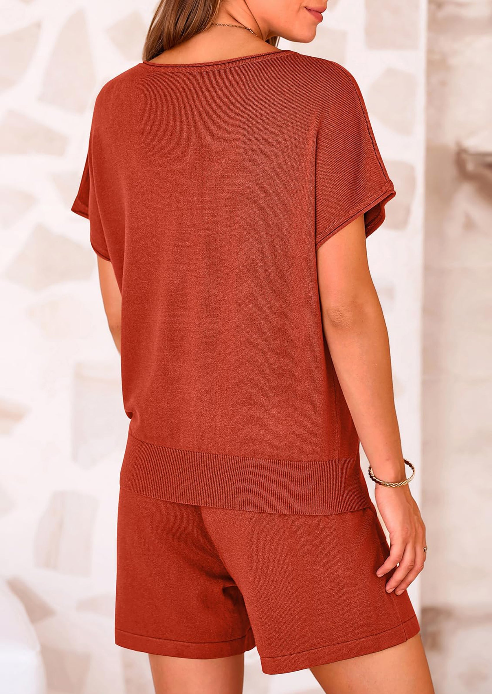 Osonn Two Piece Set for Women Summer Lounge Sets Shorts And Short Sleeve Tops Knitted Matching Travel Spring Outfits