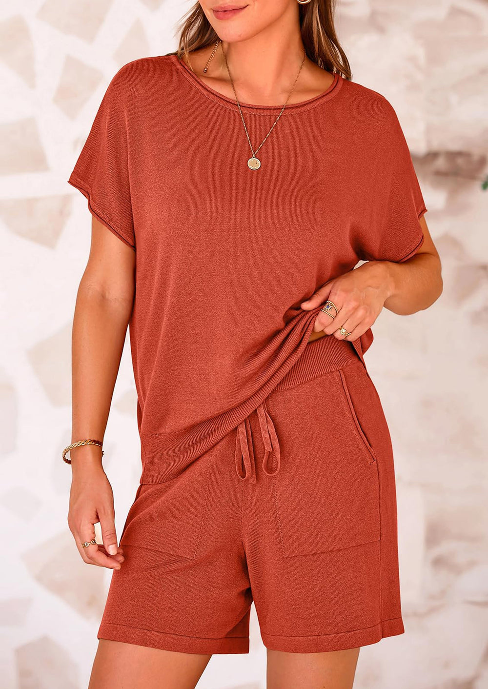Osonn Two Piece Set for Women Summer Lounge Sets Shorts And Short Sleeve Tops Knitted Matching Travel Spring Outfits