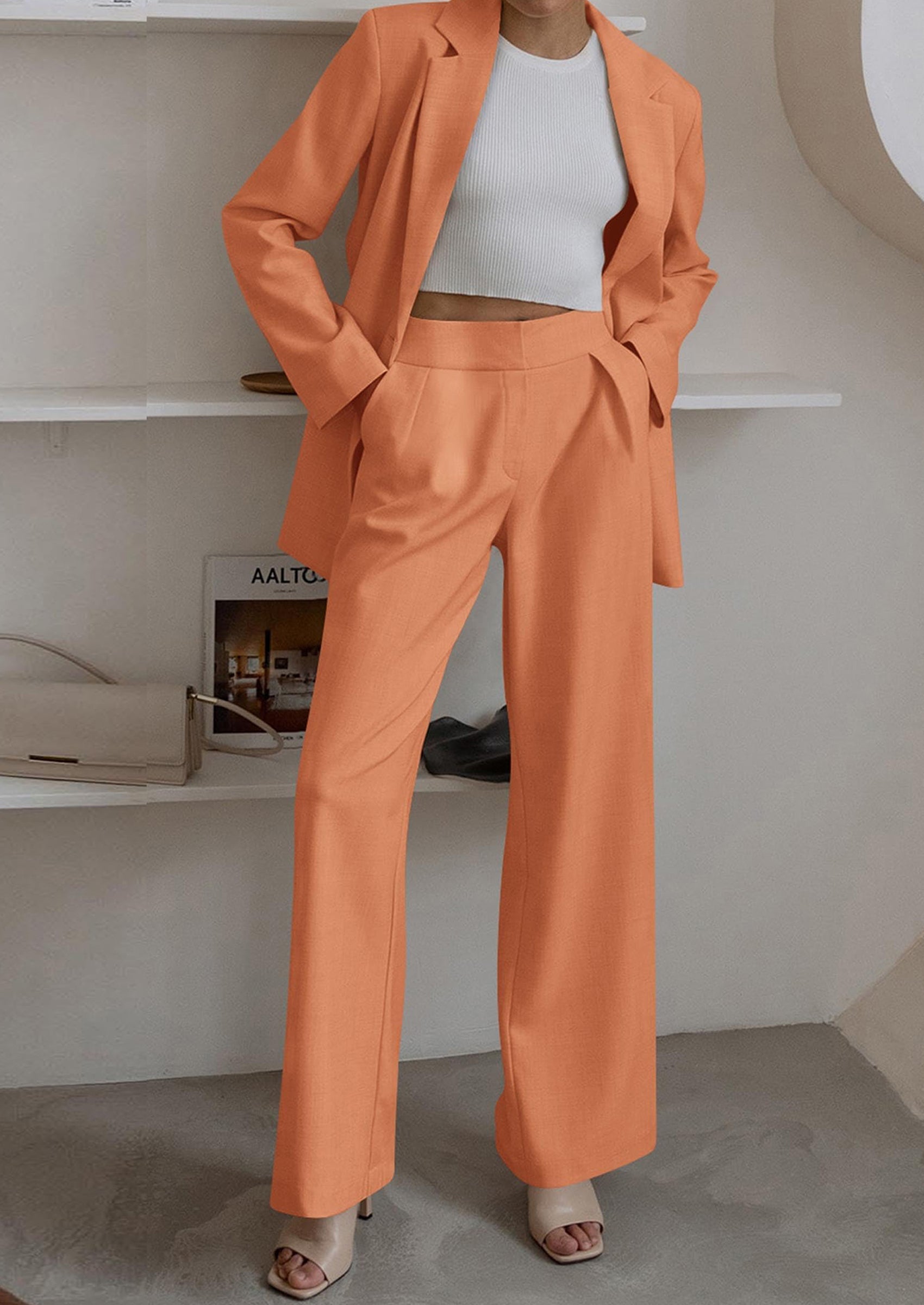 Osonn Women's Fall Two Piece Outfits Dressy Blazer Jacket and Wide Leg Pants Pockets Business Casual Office Suit Sets