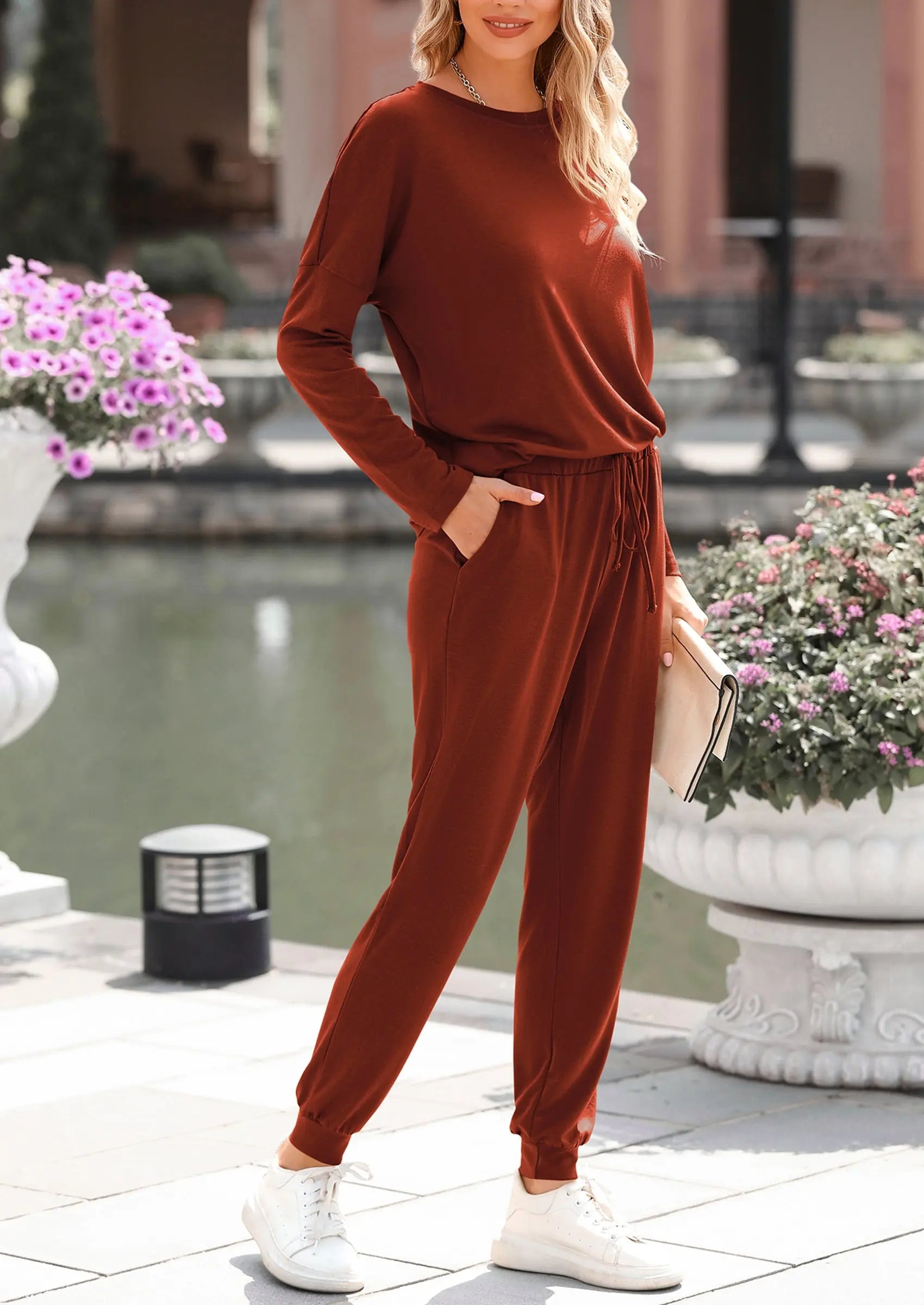 Osonn Lounge Outfit Long Sleeve Crewneck Pullover Tops High Waisted Pants Set Tracksuit