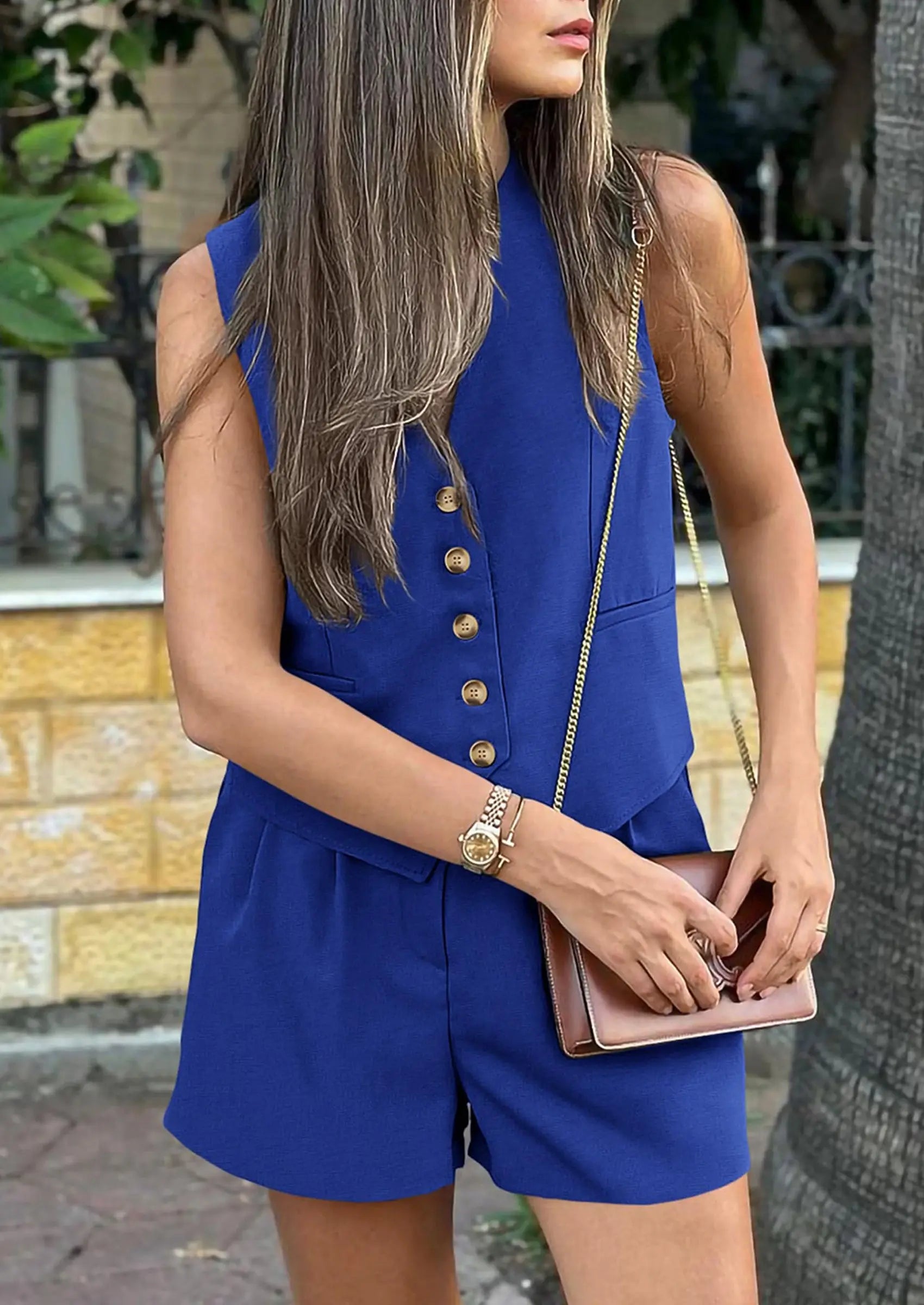 Osonn Women's Summer 2 Piece Outfits Sleeveless Matching Sets Button Down V Neck Vest Waistcoat and Pockets Shorts