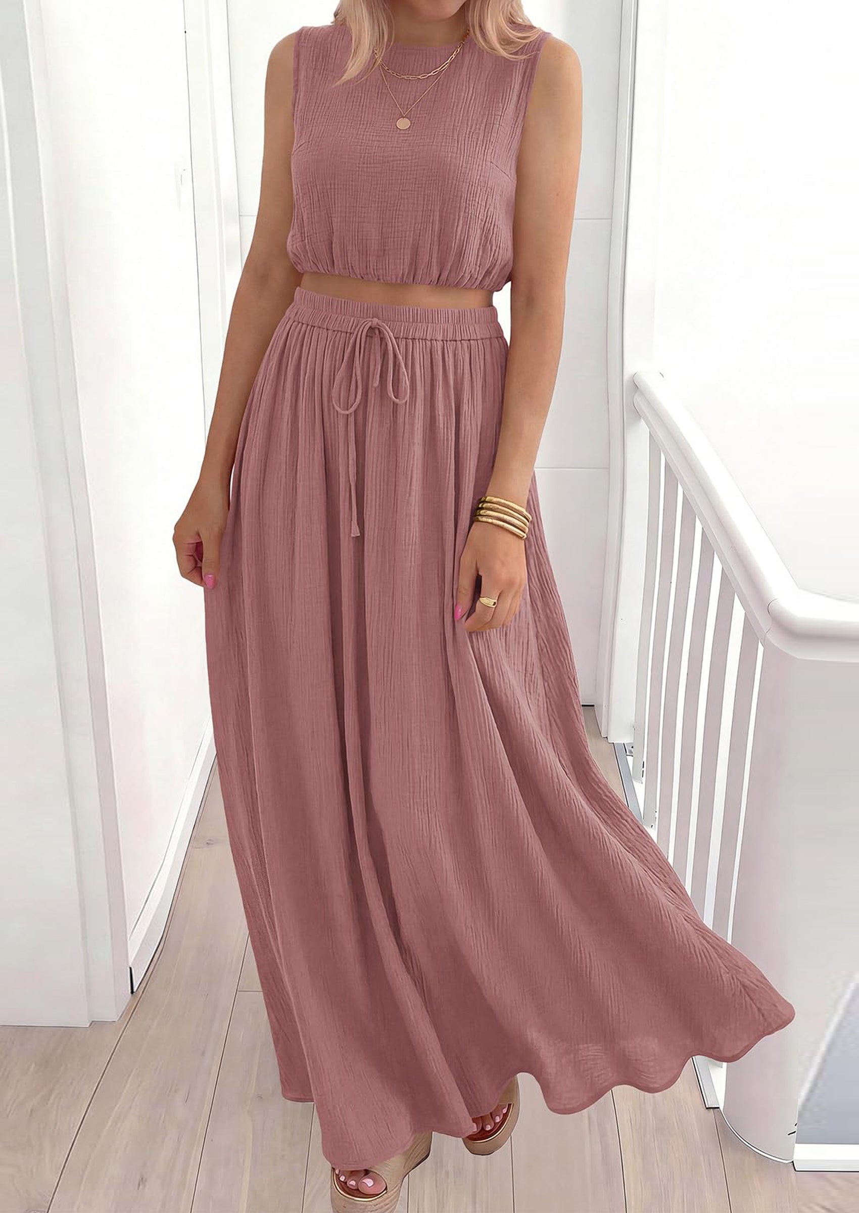 Osonn 2 Piece Sets for Women Summer Outfits Fashion Cotton Sleeveless Crop Top Long Maxi Skirt Set with Pockets