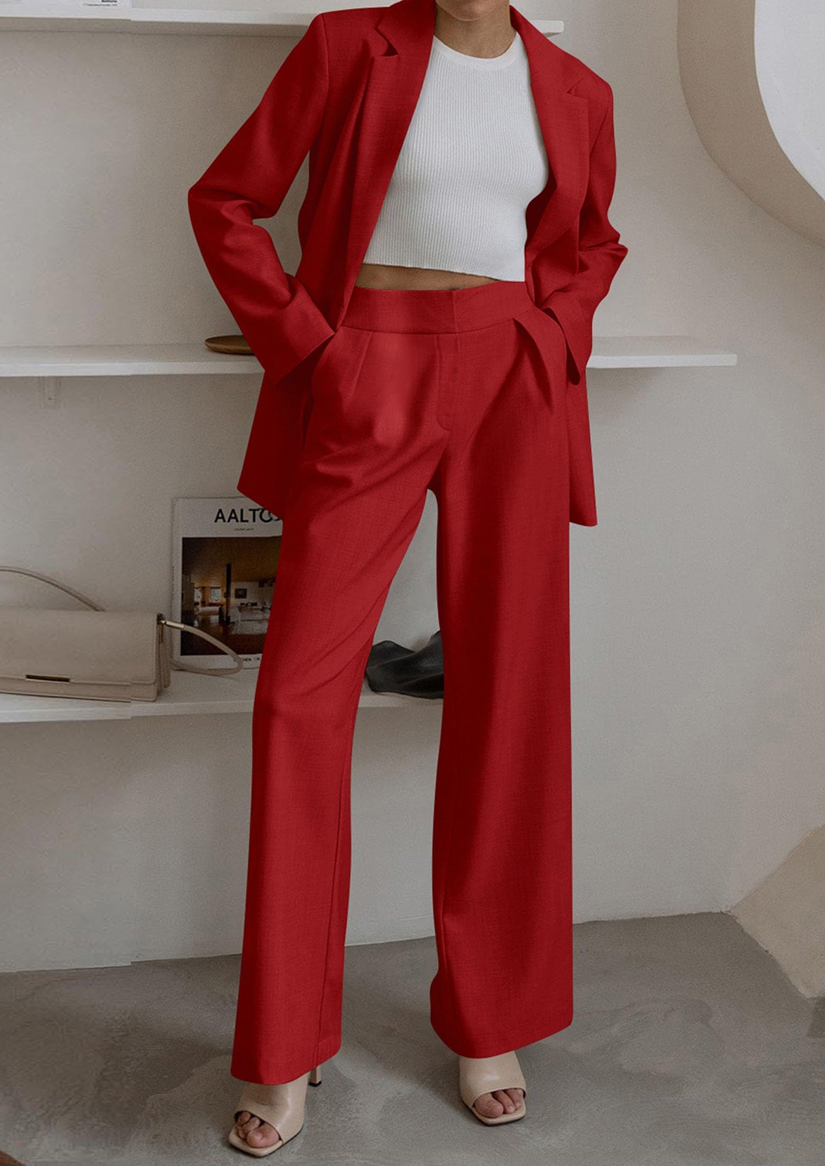 Osonn Women's Fall Two Piece Outfits Dressy Blazer Jacket and Wide Leg Pants Pockets Business Casual Office Suit Sets