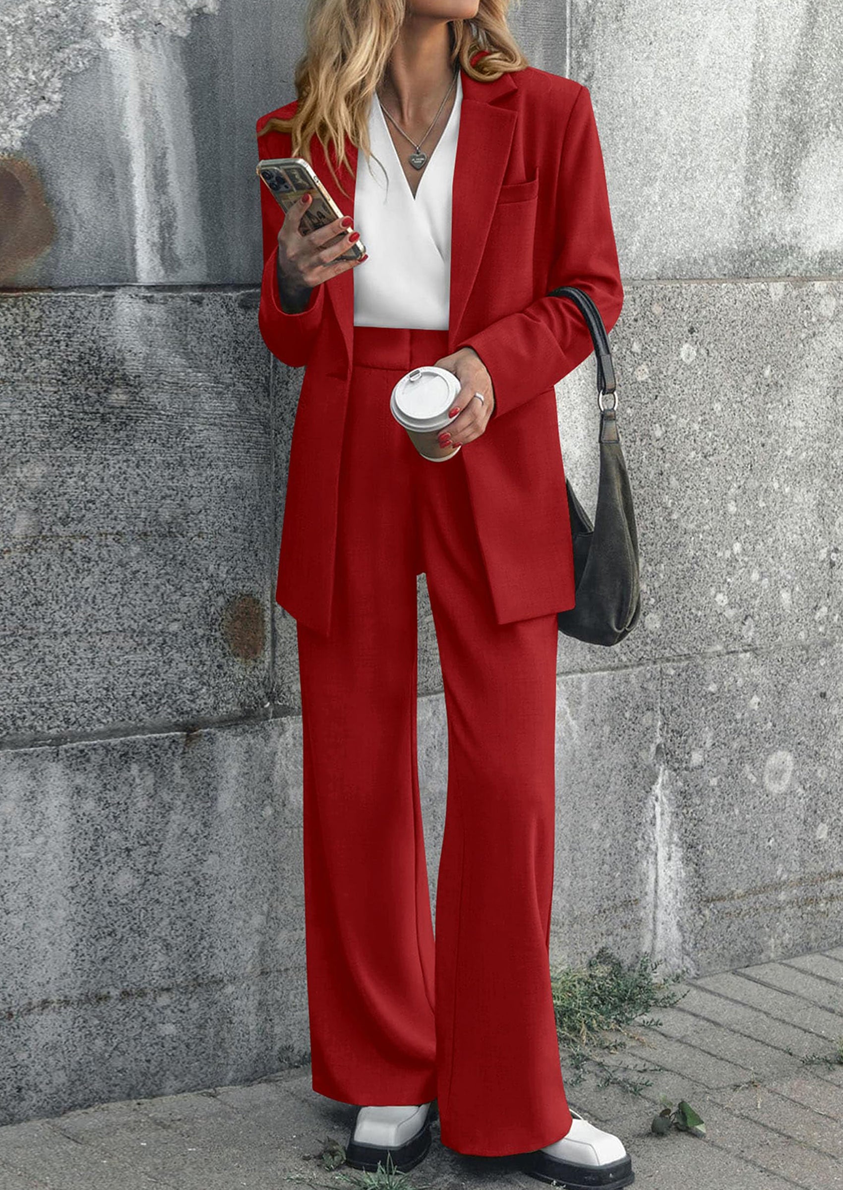 Osonn Women's Fall Two Piece Outfits Dressy Blazer Jacket and Wide Leg Pants Pockets Business Casual Office Suit Sets