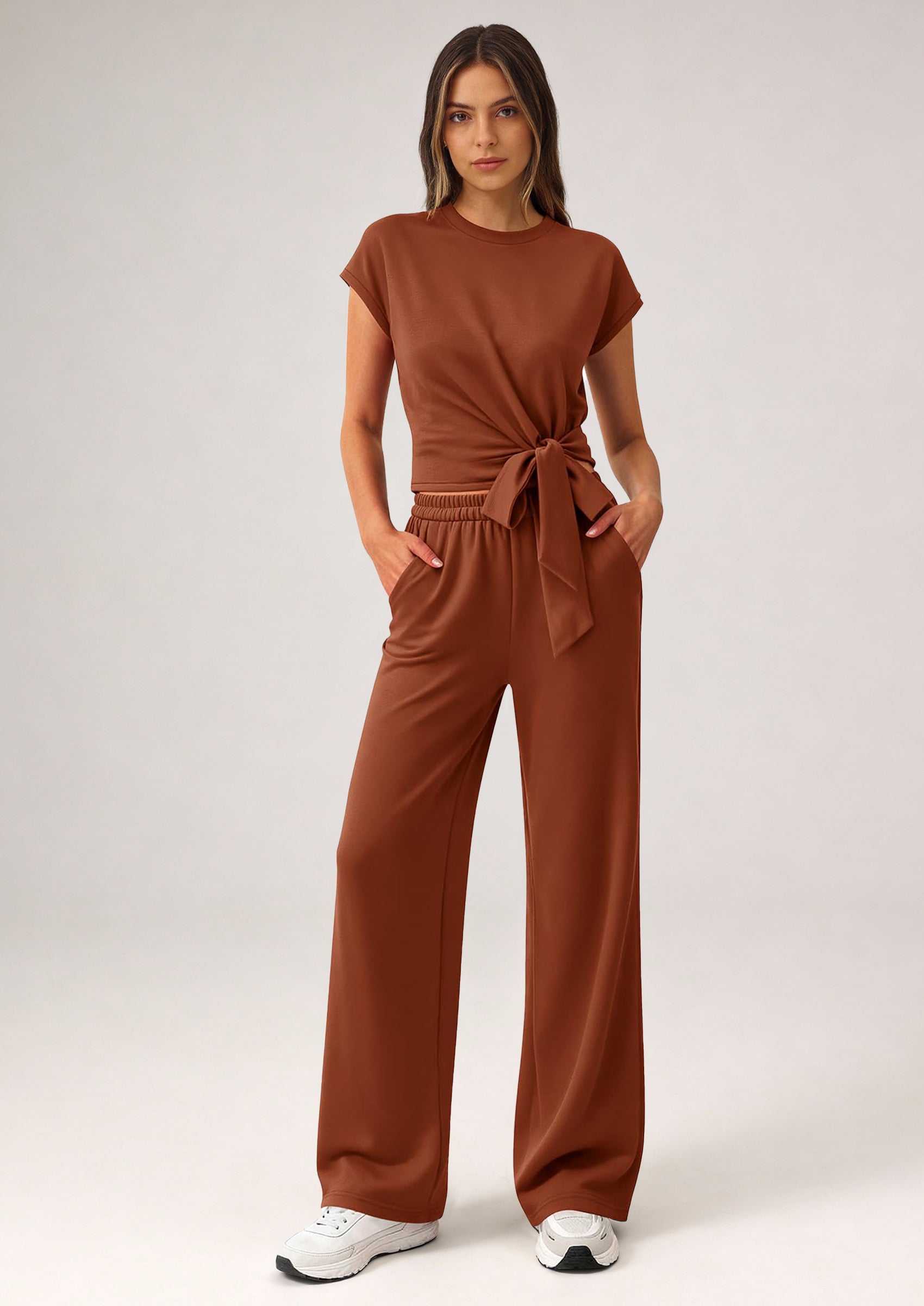 Osonn 2 Piece Matching Lounge Sets For Women Summer Short Sleeve Tie Front Crop Tops Casual Wide Leg Pants Tracksuit