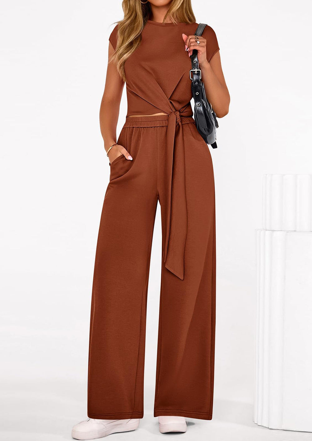 Osonn 2 Piece Matching Lounge Sets For Women Summer Short Sleeve Tie Front Crop Tops Casual Wide Leg Pants Tracksuit