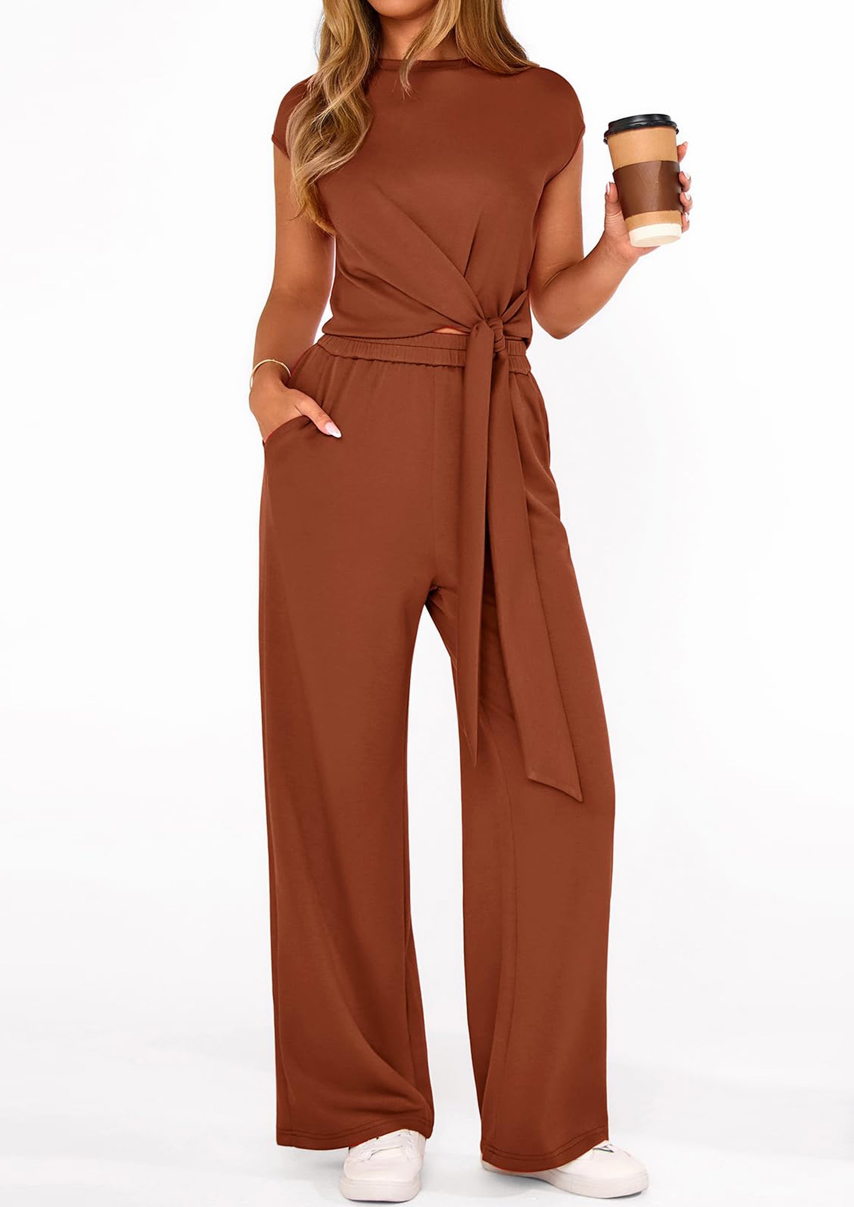 Osonn 2 Piece Matching Lounge Sets For Women Summer Short Sleeve Tie Front Crop Tops Casual Wide Leg Pants Tracksuit