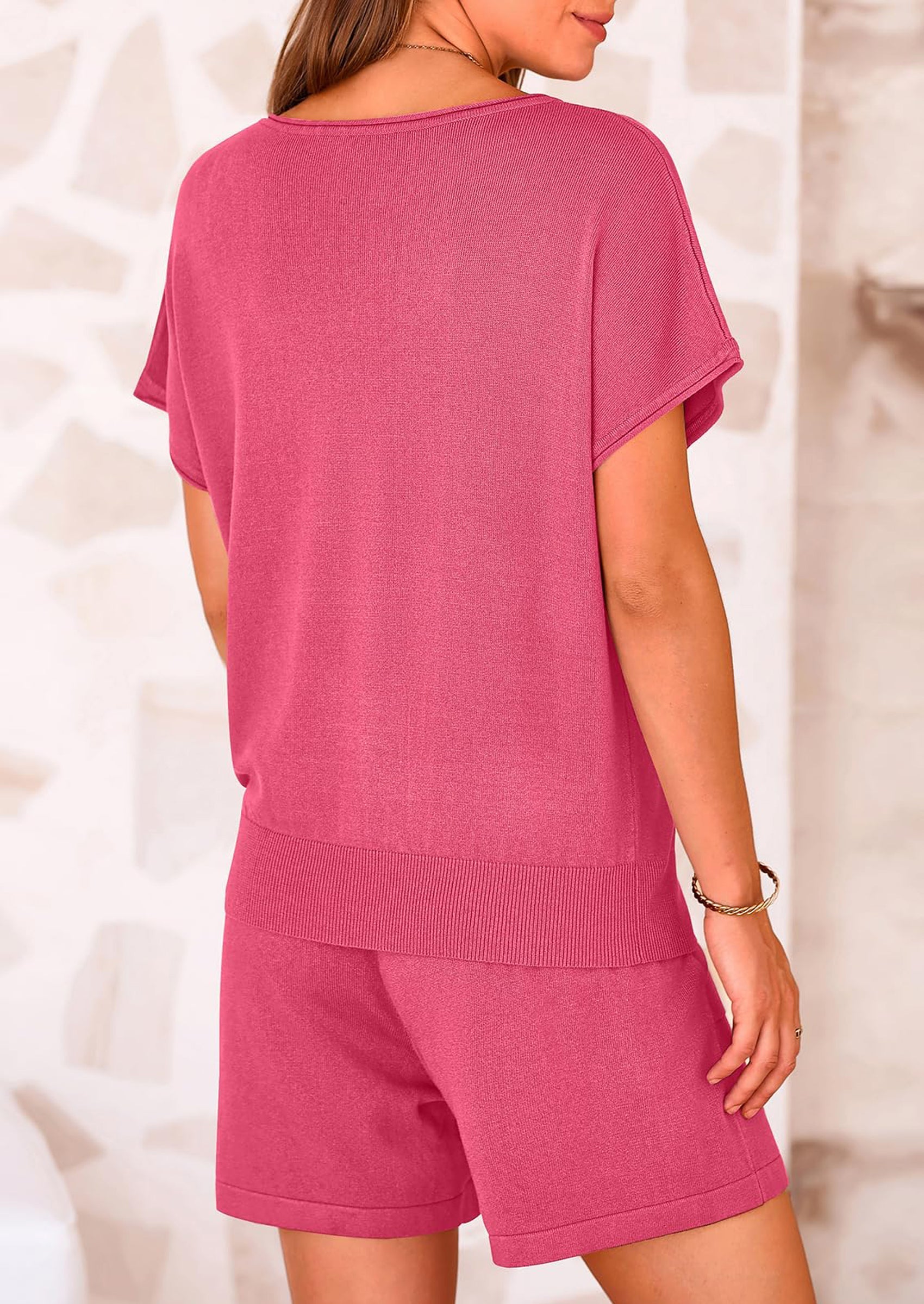 Osonn Two Piece Set for Women Summer Lounge Sets Shorts And Short Sleeve Tops Knitted Matching Travel Spring Outfits