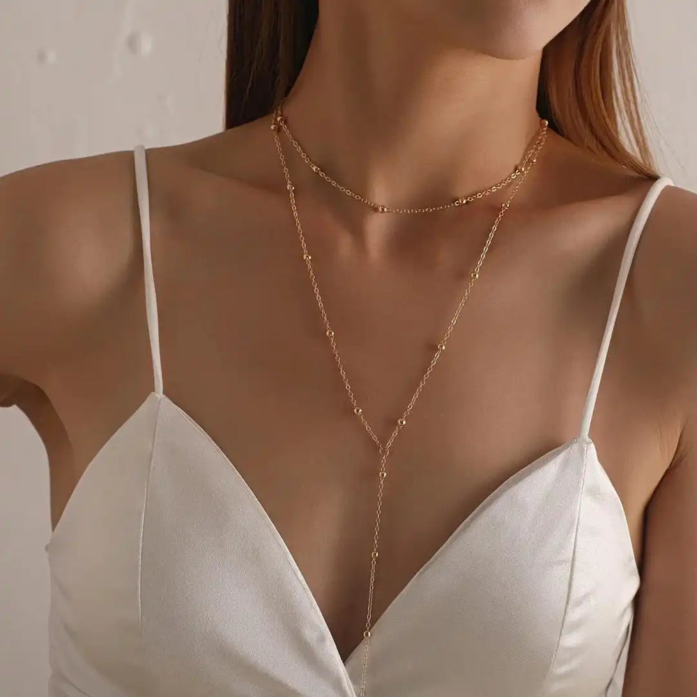 Gold Double Layered Long Tassel Beads Necklace — image 4