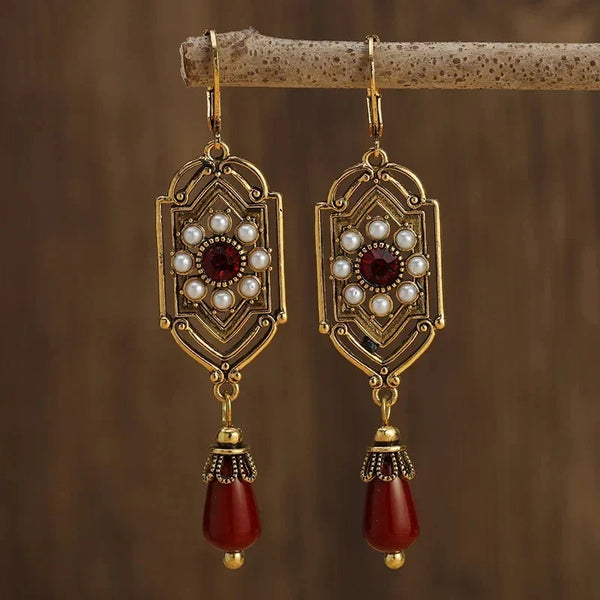 Gold Garnet & Pearl Drop Earrings — image 1