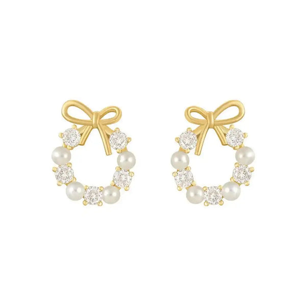 Bow Pearl Circle Stud Earrings — image 1