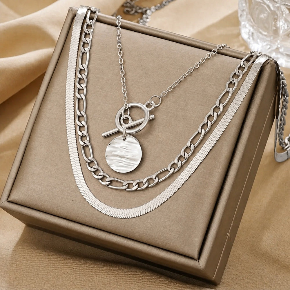 Textured Coin White Gold Layered Necklace — image 1