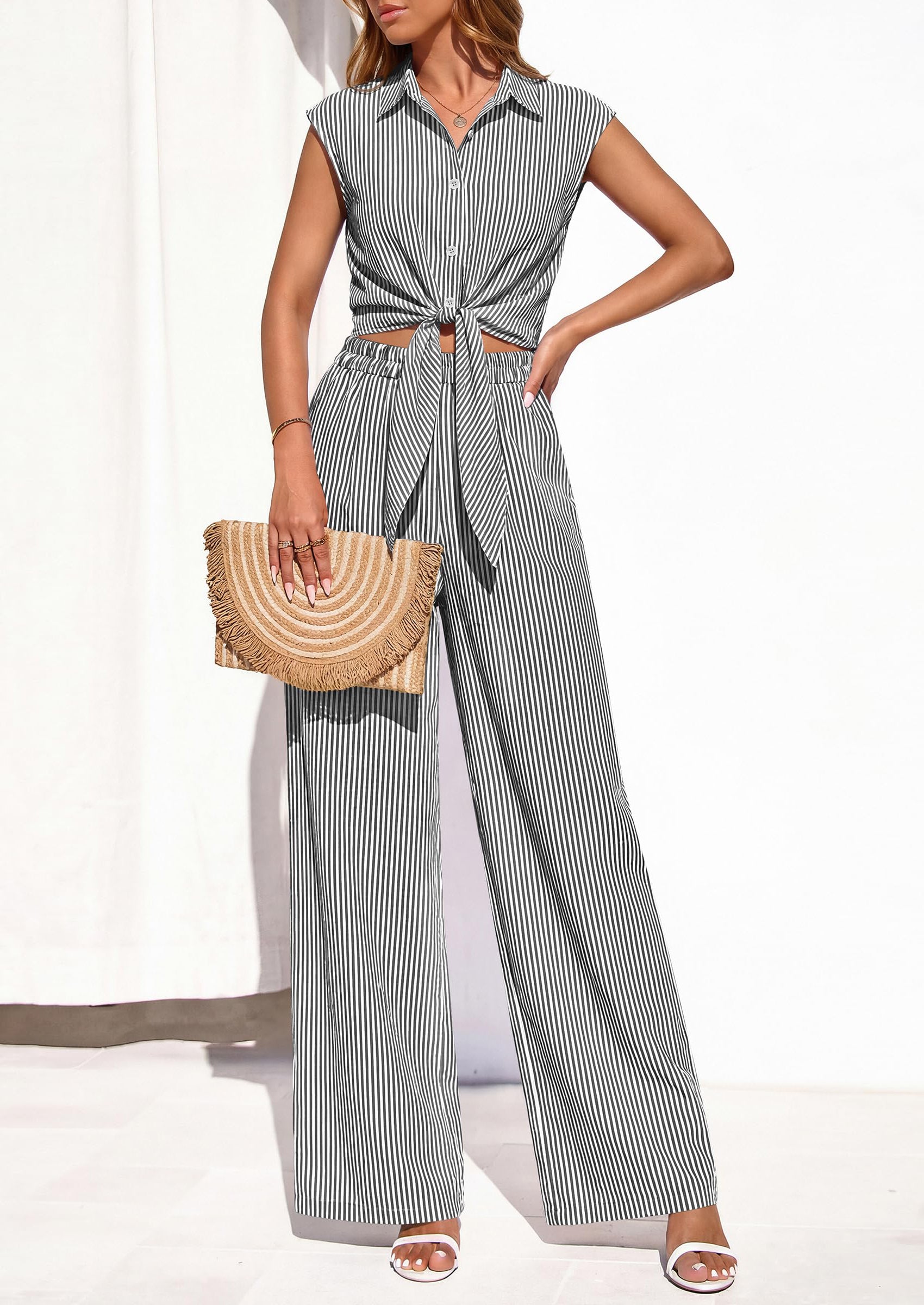 Osonn 2 Piece Sets For Women Summer Striped Button Down Tie Front Crop Tops Wide Leg Pants Floral Lounge Set