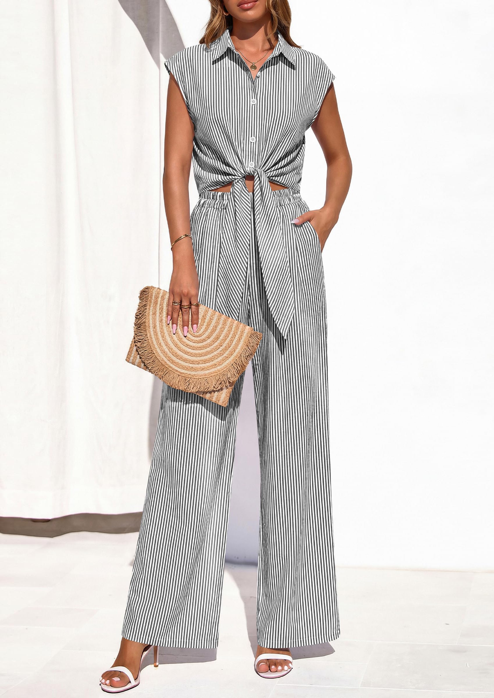 Osonn 2 Piece Sets For Women Summer Striped Button Down Tie Front Crop Tops Wide Leg Pants Floral Lounge Set