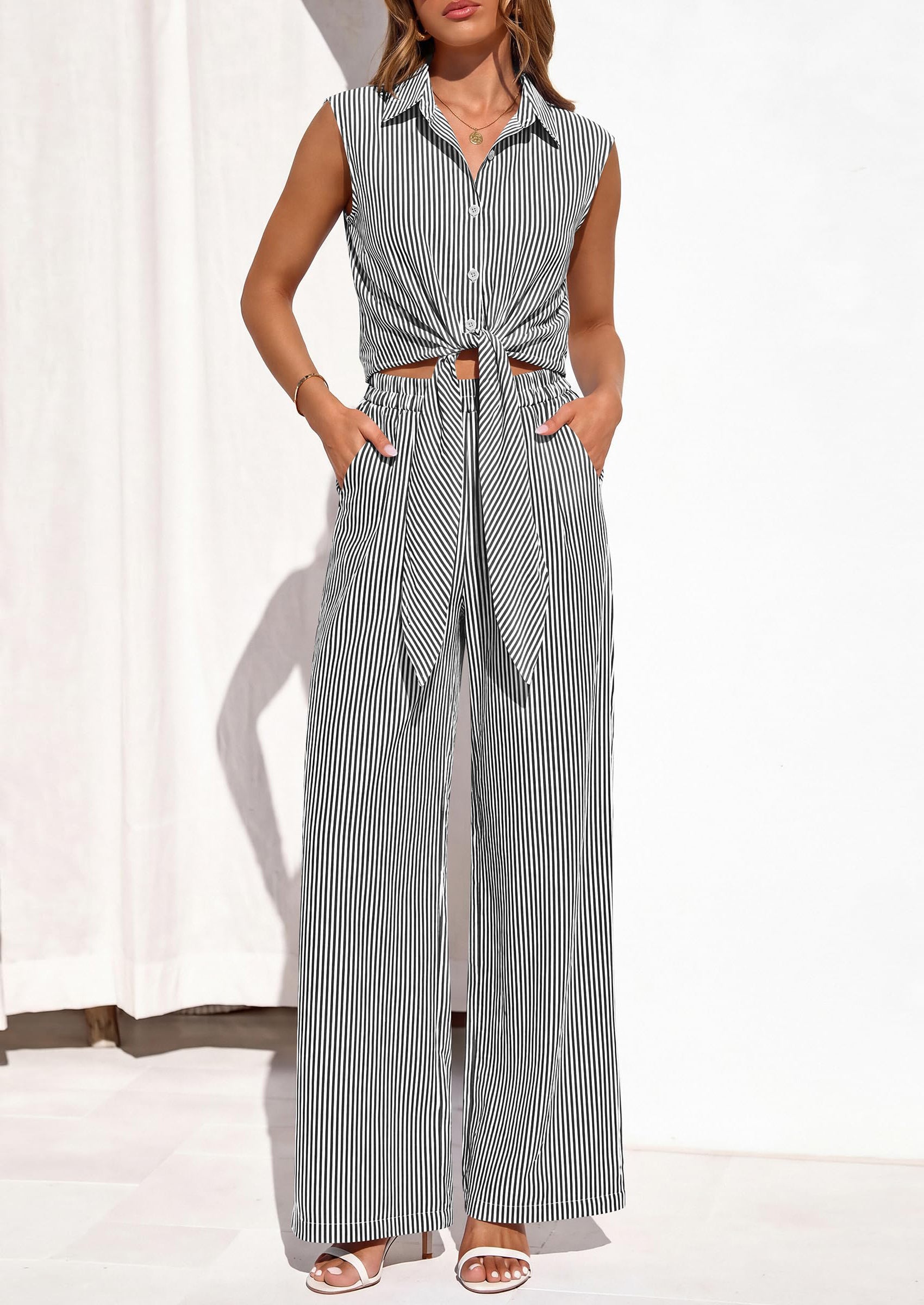 Osonn 2 Piece Sets For Women Summer Striped Button Down Tie Front Crop Tops Wide Leg Pants Floral Lounge Set
