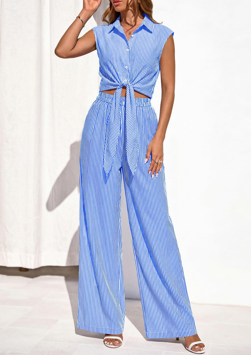 Osonn 2 Piece Sets For Women Summer Striped Button Down Tie Front Crop Tops Wide Leg Pants Floral Lounge Set