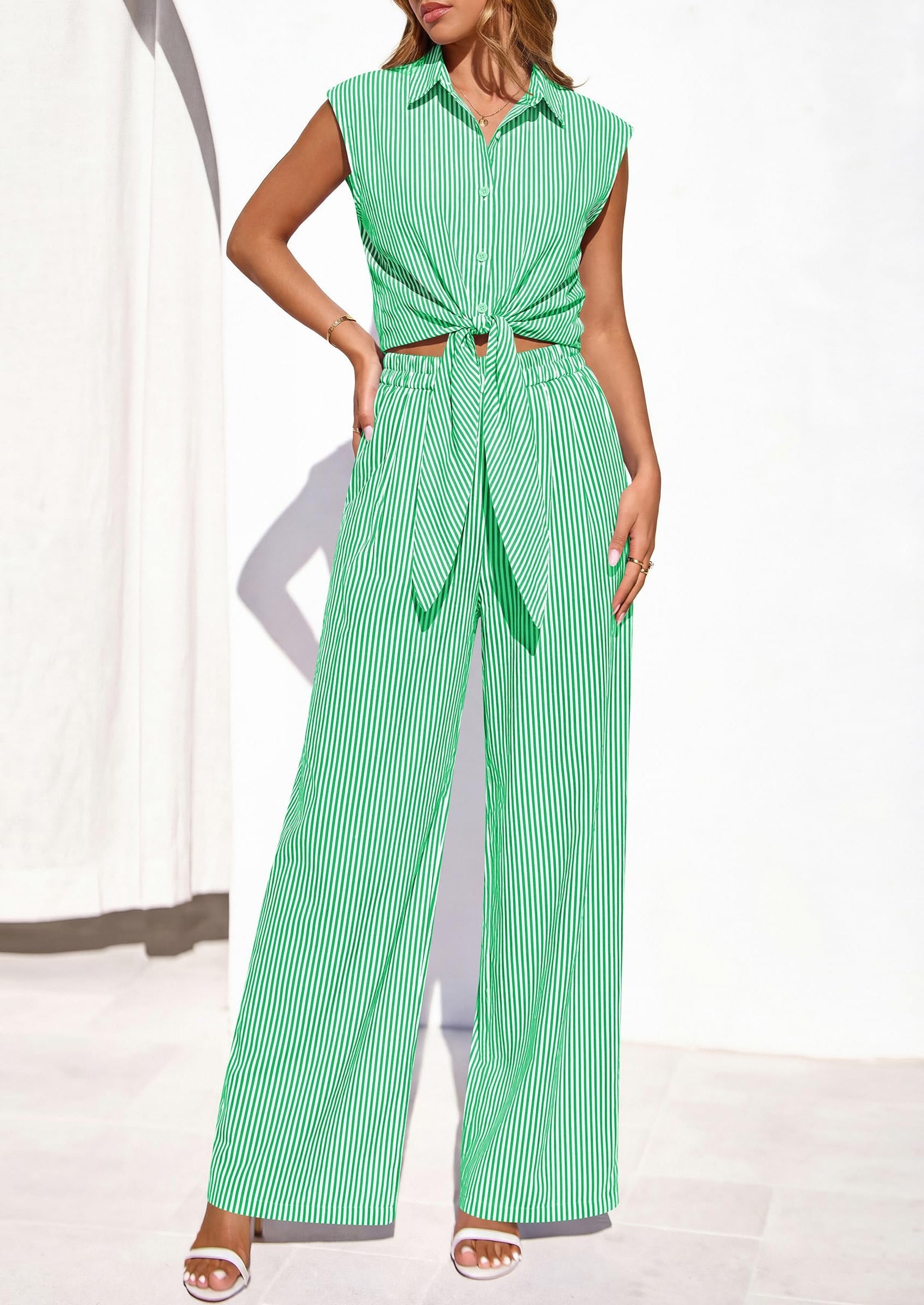 Osonn 2 Piece Sets For Women Summer Striped Button Down Tie Front Crop Tops Wide Leg Pants Floral Lounge Set