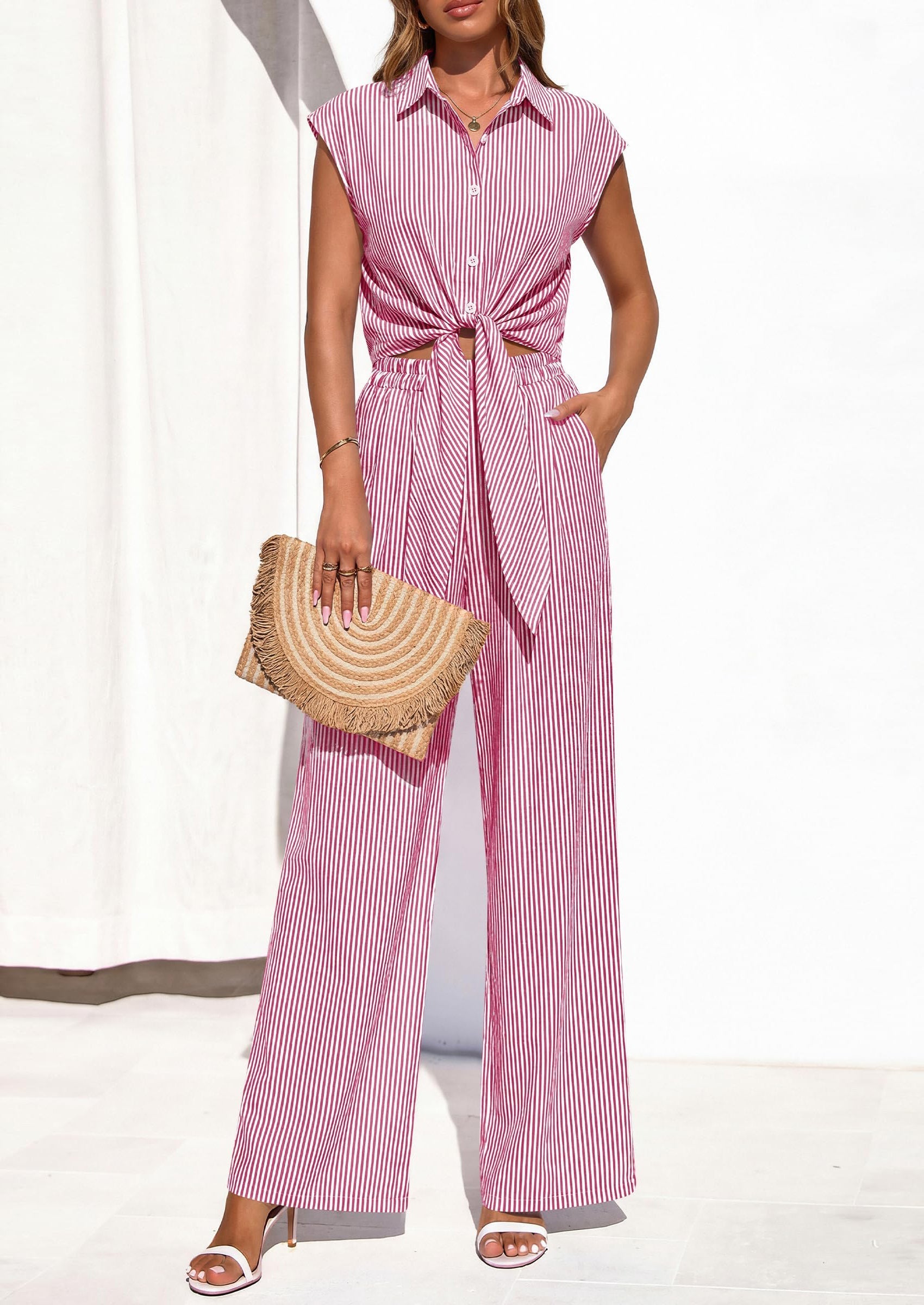 Osonn 2 Piece Sets For Women Summer Striped Button Down Tie Front Crop Tops Wide Leg Pants Floral Lounge Set