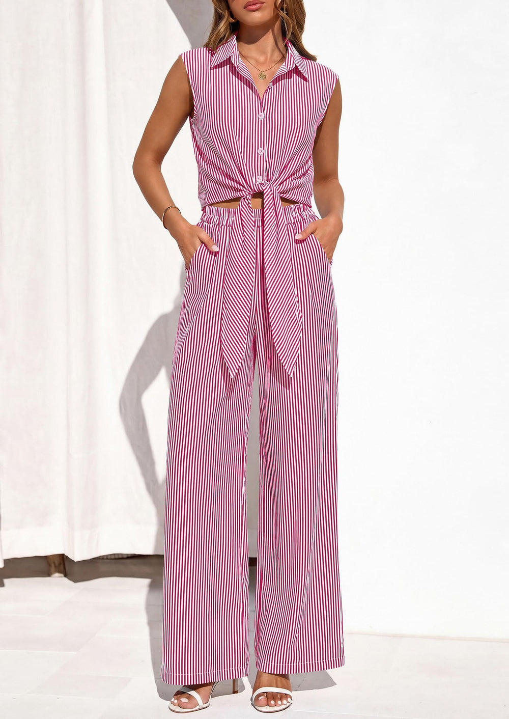 Osonn 2 Piece Sets For Women Summer Striped Button Down Tie Front Crop Tops Wide Leg Pants Floral Lounge Set