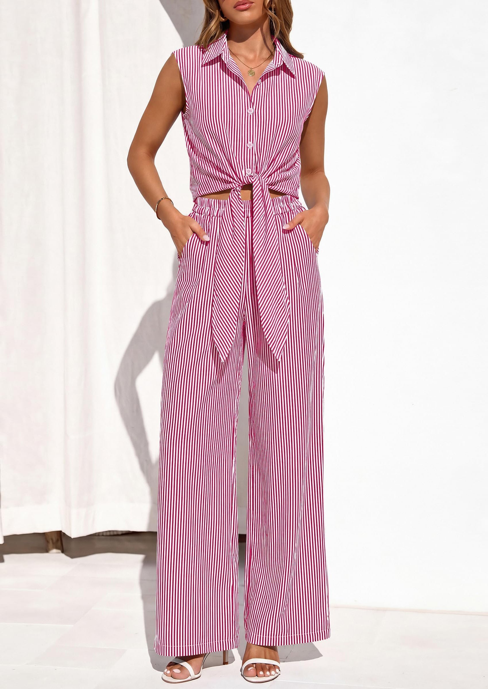 Osonn 2 Piece Sets For Women Summer Striped Button Down Tie Front Crop Tops Wide Leg Pants Floral Lounge Set
