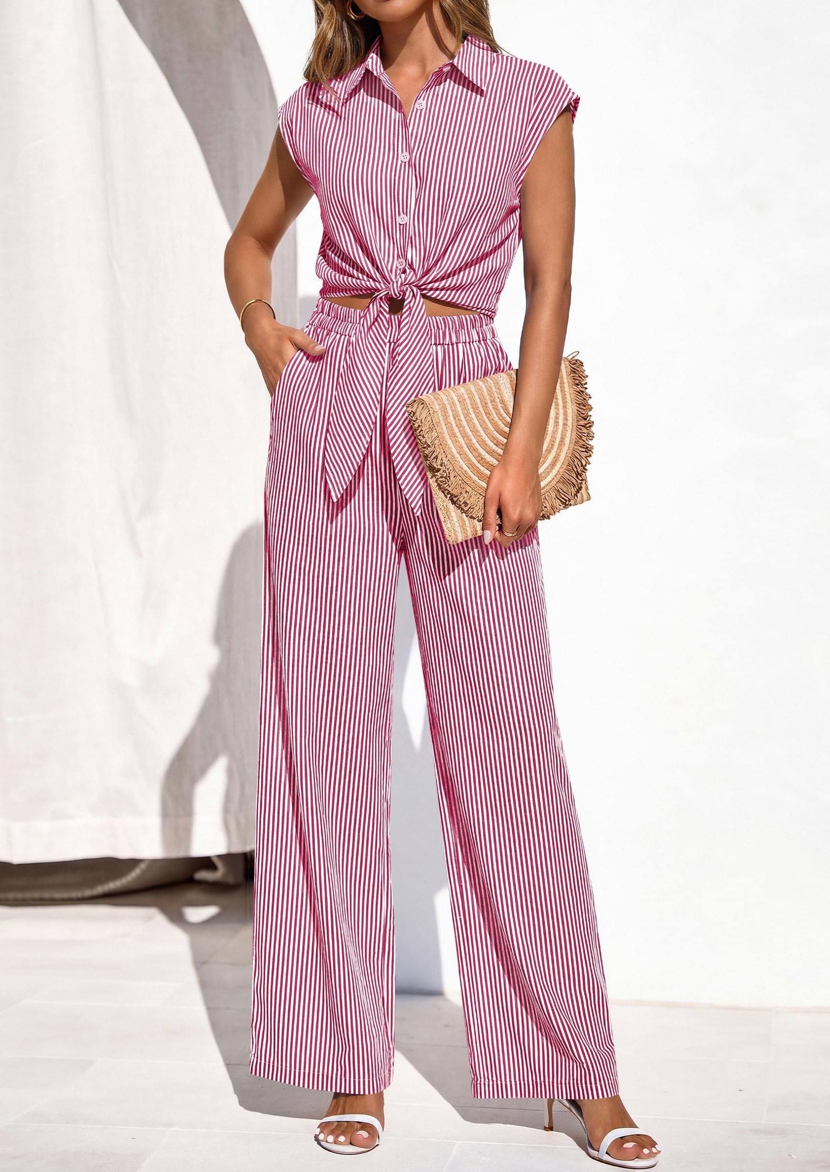 Osonn 2 Piece Sets For Women Summer Striped Button Down Tie Front Crop Tops Wide Leg Pants Floral Lounge Set