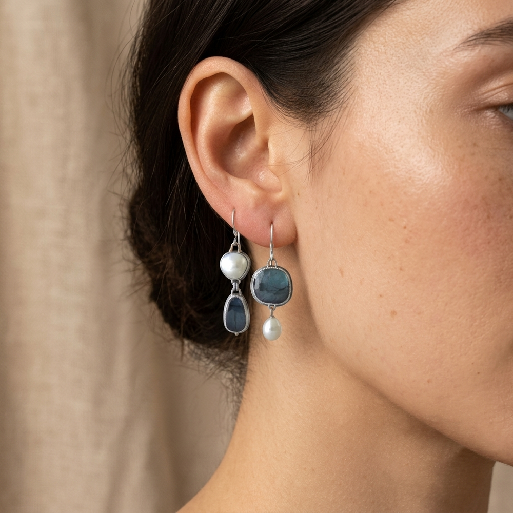 Graceful Blue Stone Pearl Earrings — image 2