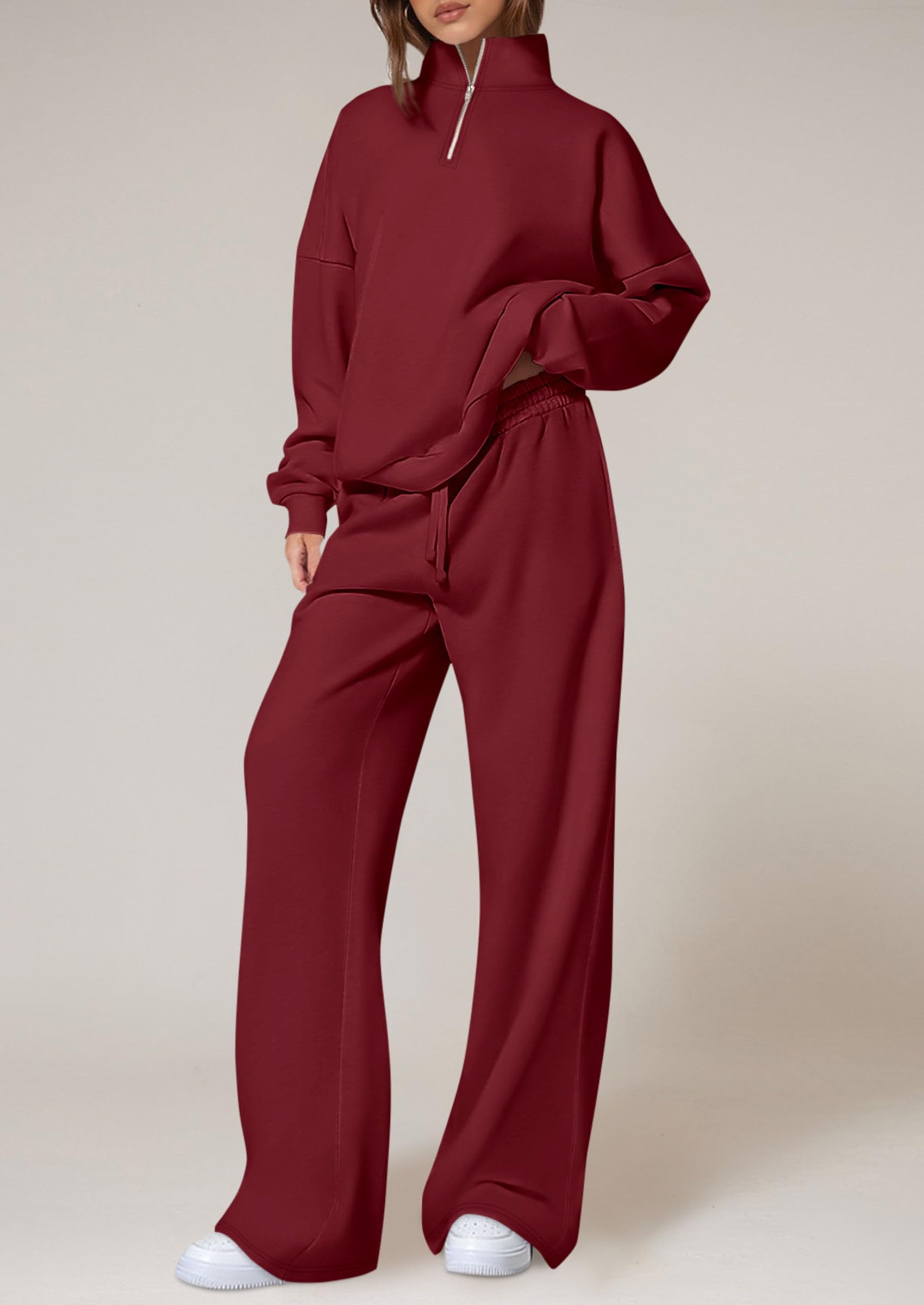 Osonn Womens Casual Two Piece Sets Fall Outfits Quarter Zip Sweatshirts Straight Leg Pants Sweatsuits Tracksuit