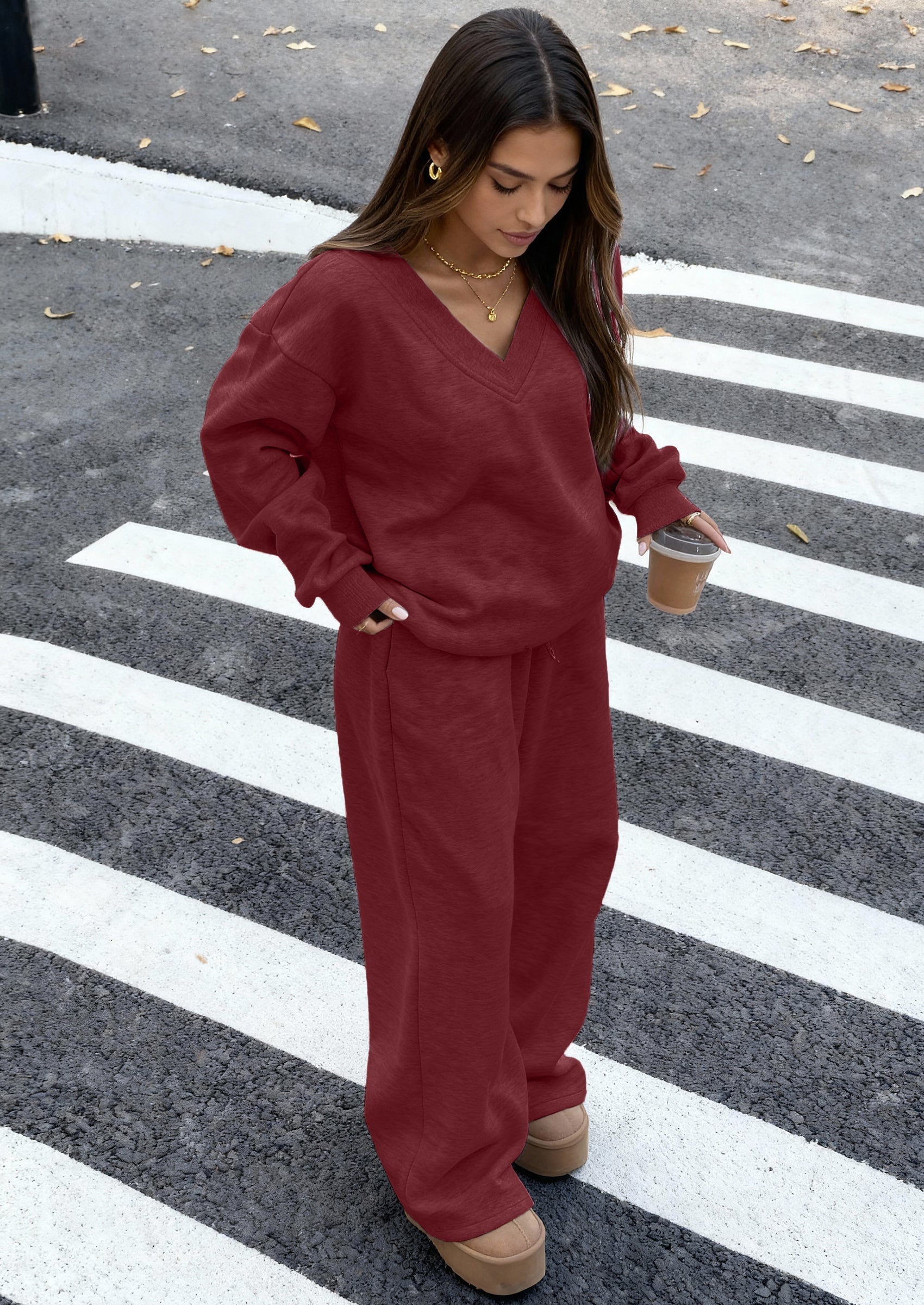 Osonn Casual Winter Two Piece Sets for Women V Neck Sweatshirt Loose Wide Leg Pants Tracksuit Knit Fall Outfits