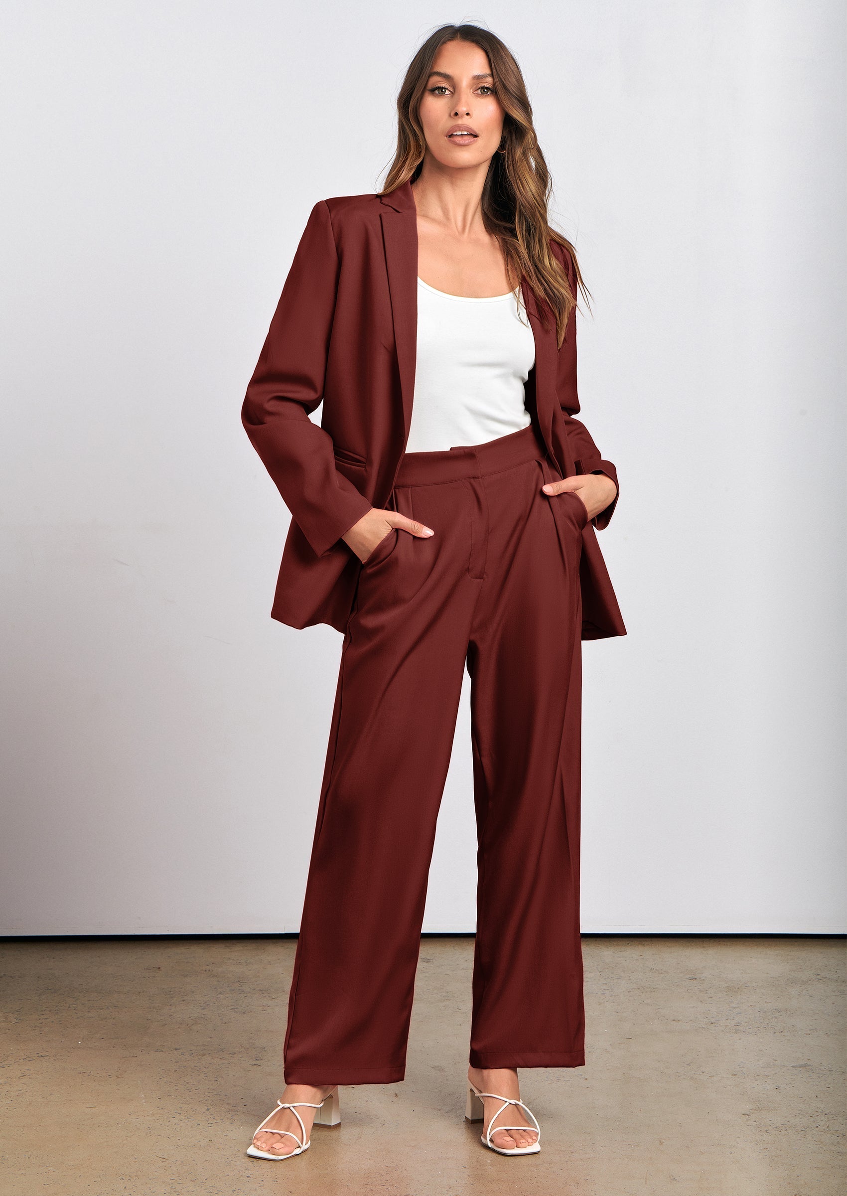 Osonn Women's Fall Two Piece Outfits Dressy Blazer Jacket and Wide Leg Pants Pockets Business Casual Office Suit Sets