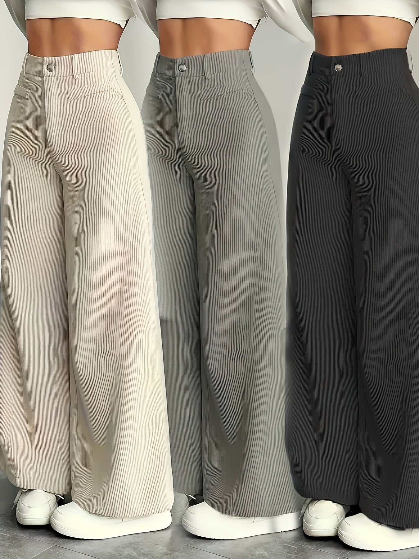 Calças de Cintura Subida e Perna Larga com Orelhas de Gato MS25072820 para Mulher - Calças Casuais com Textura de Bombazine, Conforto para Todas as Estações, Conjunto de Três Peças de Calças Bege Laváveis à Máquina