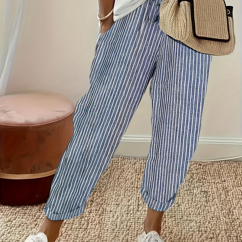 Women's Striped Wide-Leg Casual Pants - High-Waisted, Lightweight Polyester, Machine Washable, All-Season Comfort with Side Stripe Detail