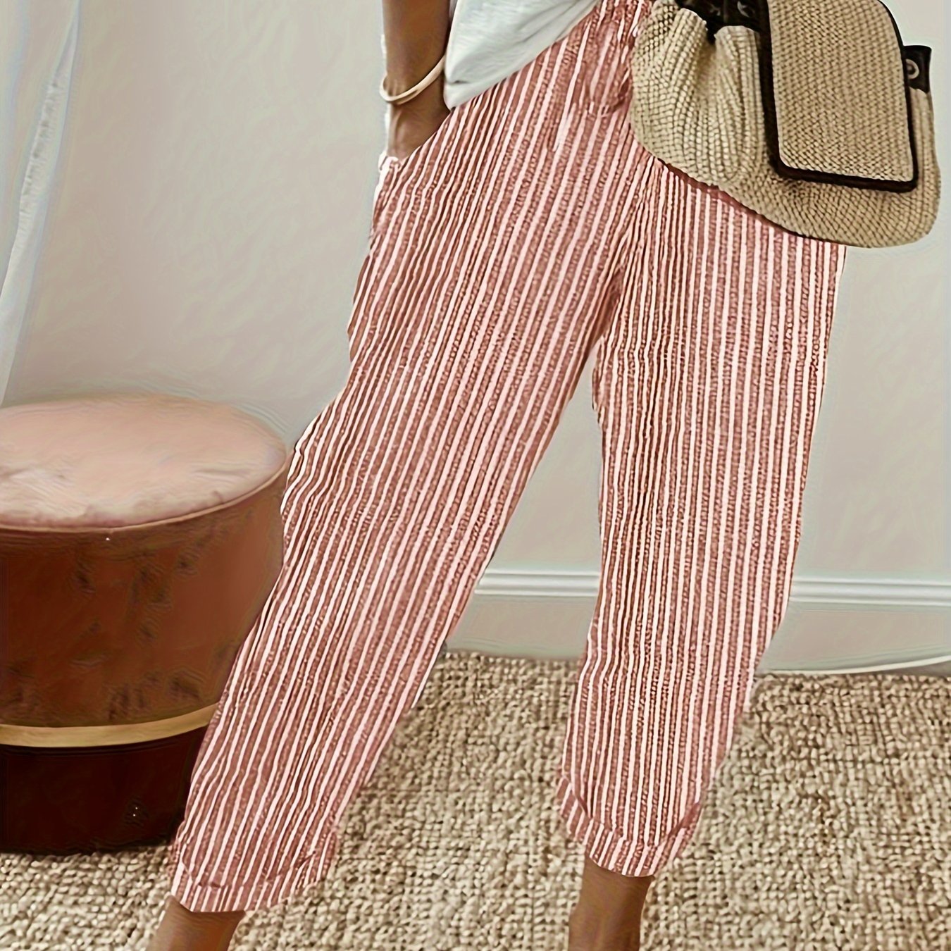 Women's Striped Wide-Leg Casual Pants - High-Waisted, Lightweight Polyester, Machine Washable, All-Season Comfort with Side Stripe Detail