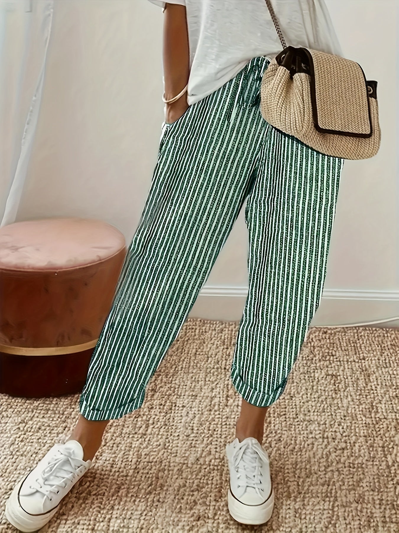 Women's Striped Wide-Leg Casual Pants - High-Waisted, Lightweight Polyester, Machine Washable, All-Season Comfort with Side Stripe Detail