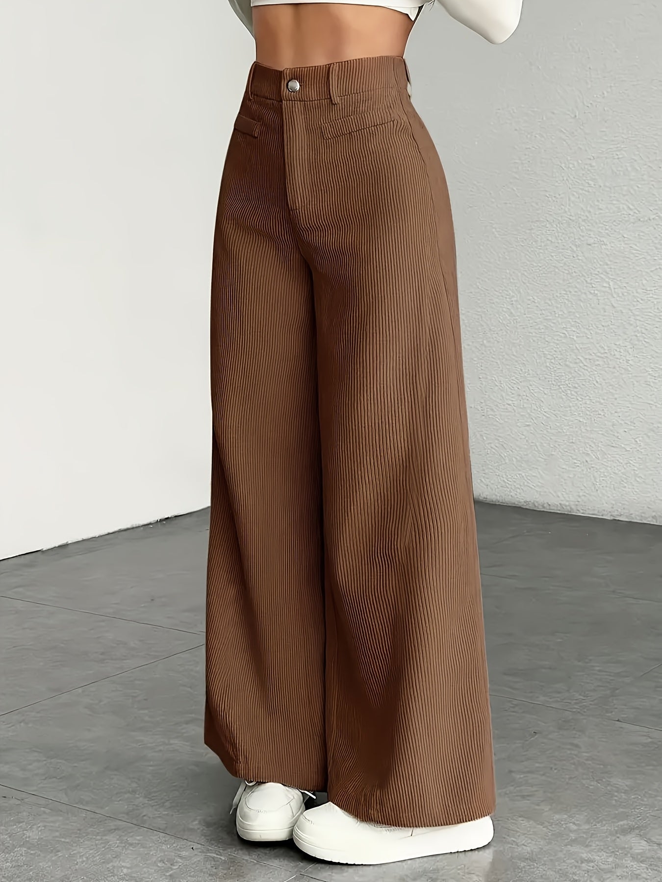 Calças de Cintura Subida e Perna Larga com Orelhas de Gato MS25072820 para Mulher - Calças Casuais com Textura de Bombazine, Conforto para Todas as Estações, Conjunto de Três Peças de Calças Bege Laváveis à Máquina