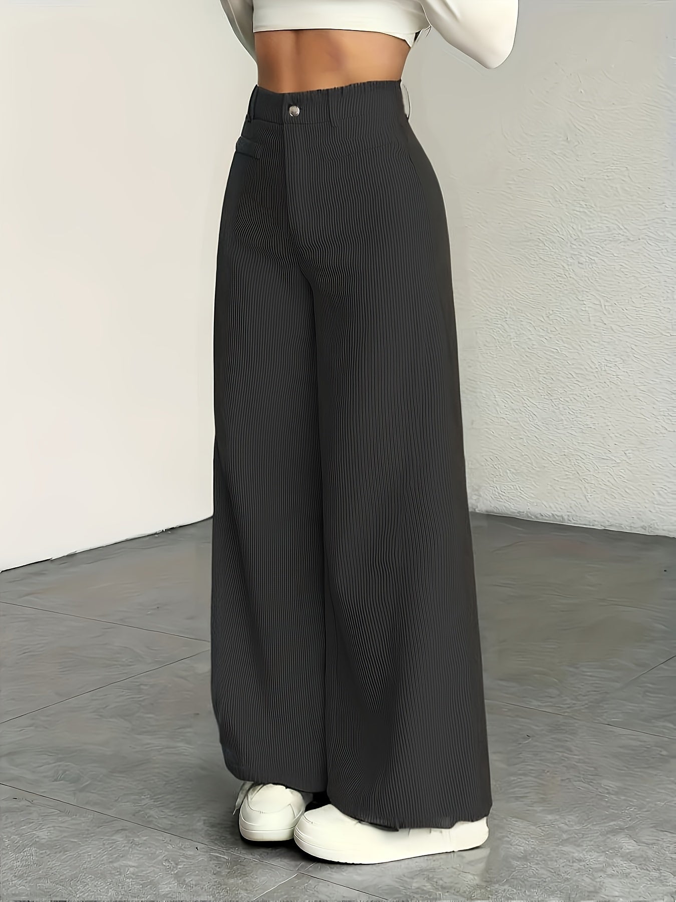 Calças de Cintura Subida e Perna Larga com Orelhas de Gato MS25072820 para Mulher - Calças Casuais com Textura de Bombazine, Conforto para Todas as Estações, Conjunto de Três Peças de Calças Bege Laváveis à Máquina