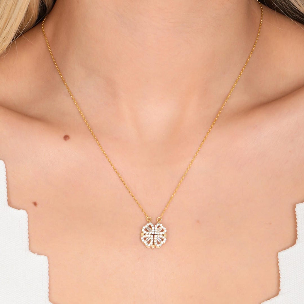 Golden Clover Necklace with Zircon Stone Heart Pendant — image 3