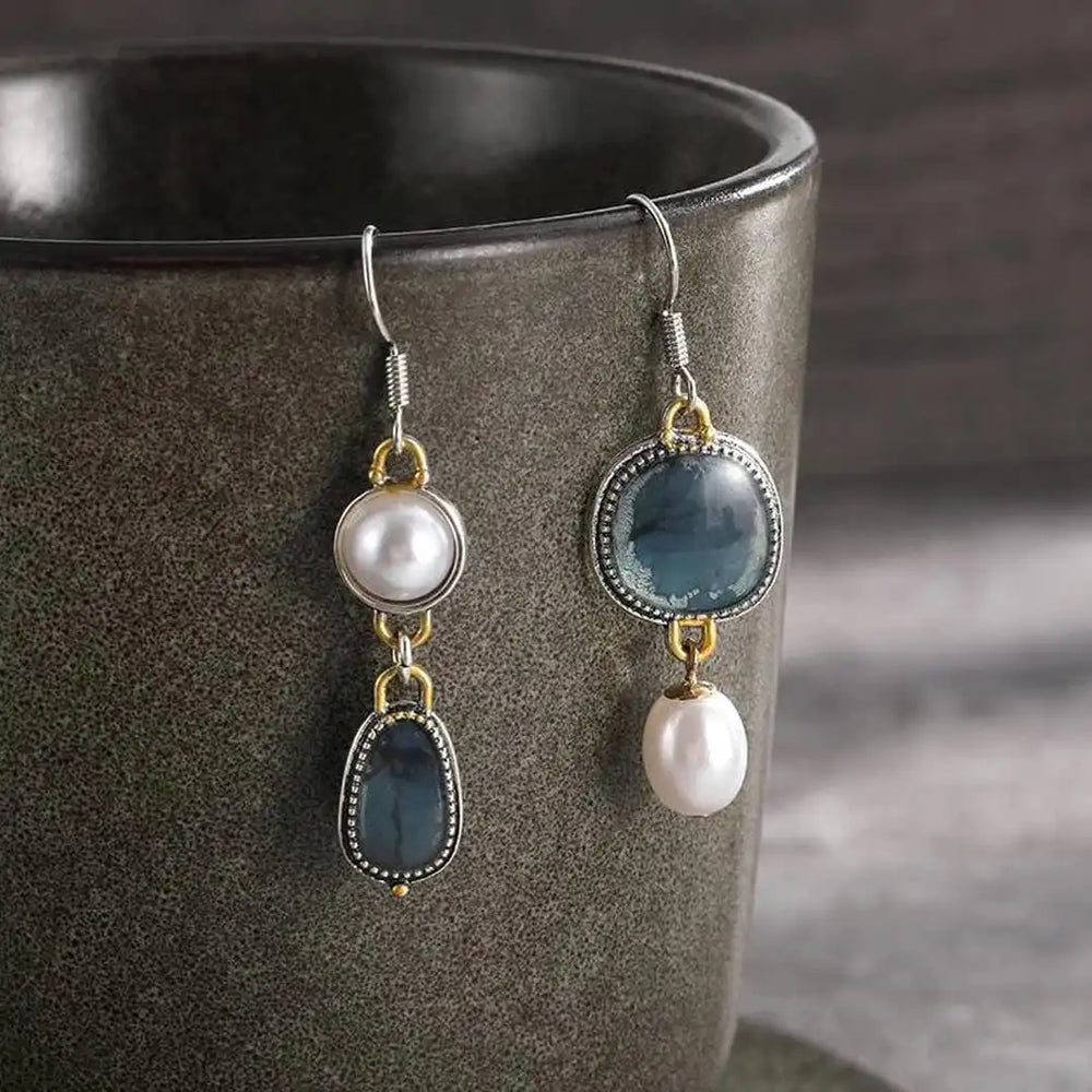 Vintage Blue Stone Pearl Earrings — image 2
