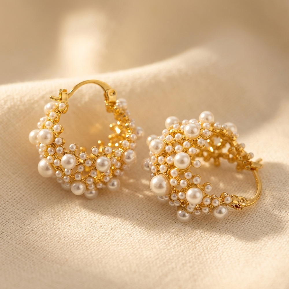 Pearl Cluster Hoop Earrings — image 1