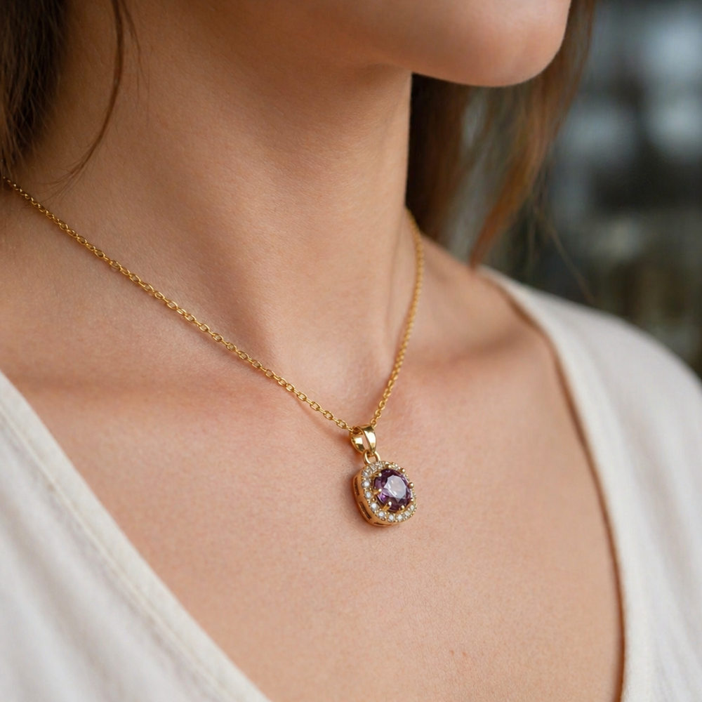Amethyst Square Gold Pave Necklace — image 2